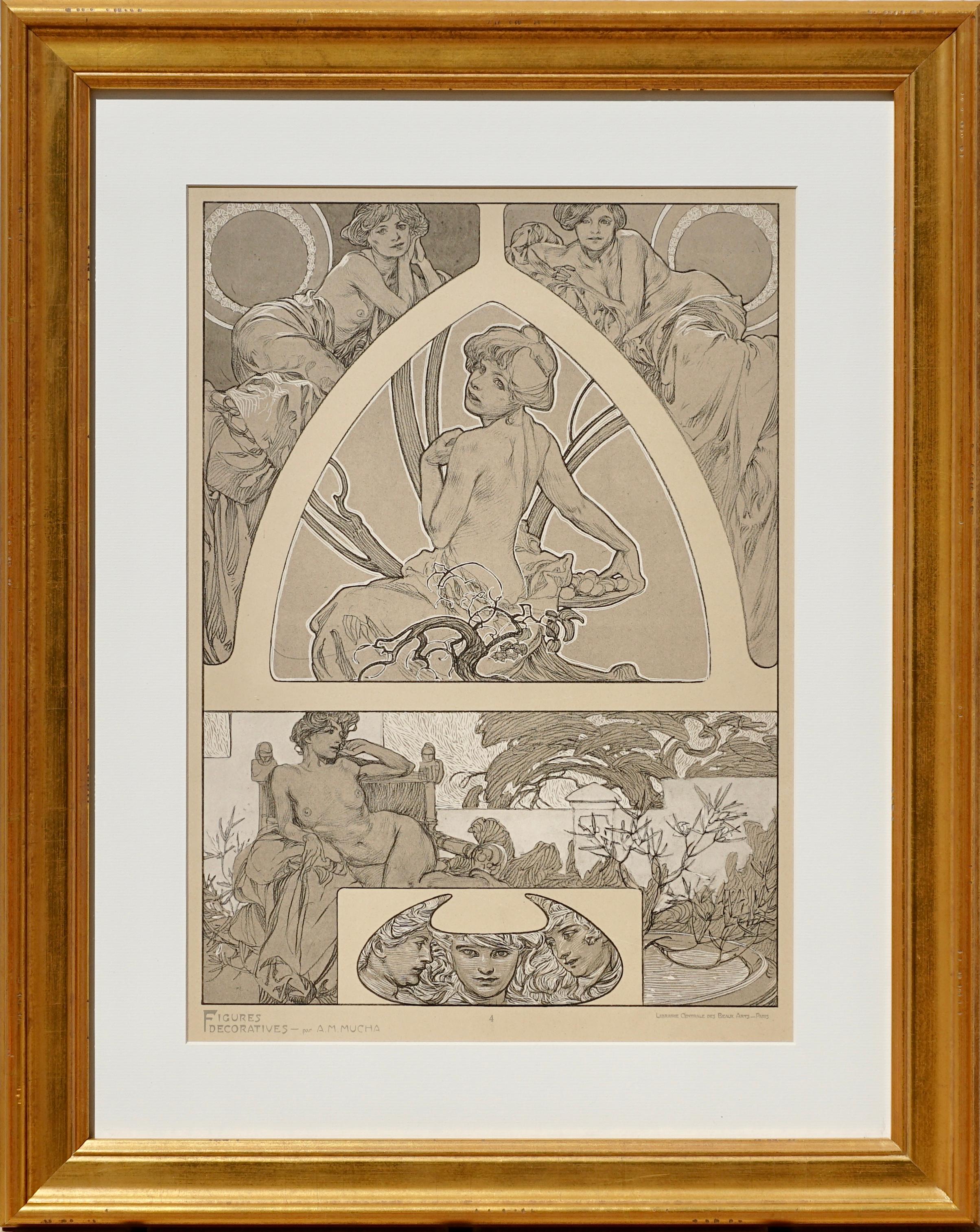 A framed Art Nouveau lithograph collotype poster by Alphone Mucha from 1905 representing the artist’s sketches of nudes, women and beautiful ladies in blacks and white pigments on vellum paper. Plate 4 of “Figures Decoratives par A. M. Mucha,”
