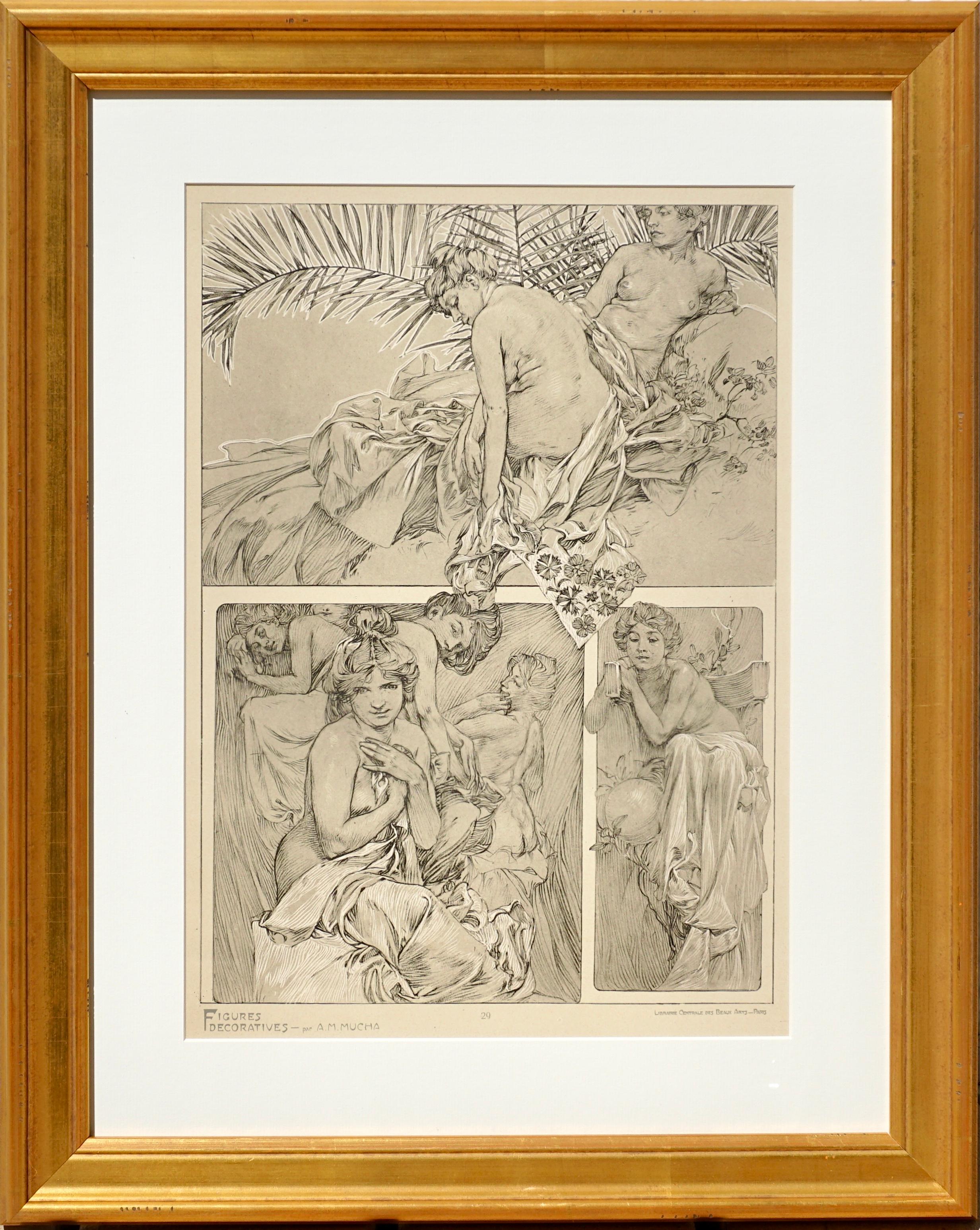 A framed Art Nouveau lithograph collotype poster by Alphone Mucha from 1905 representing the artist’s sketches of nudes, women and beautiful ladies in blacks and white pigments on vellum paper. Plate 29 of “Figures Decoratives par A. M. Mucha,”