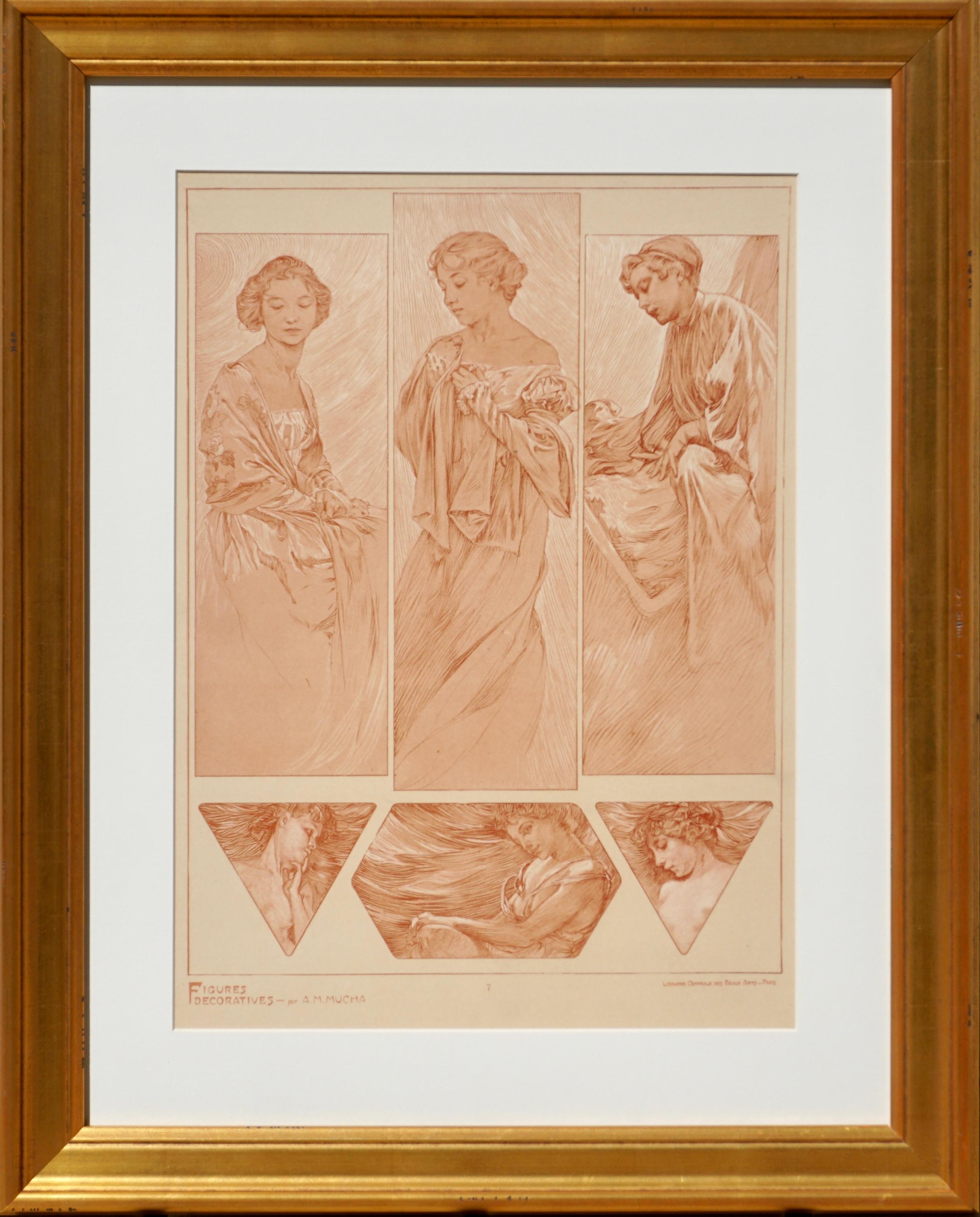 A framed Art Nouveau lithograph collotype poster by Alphone Mucha from 1905 representing the artist’s sketches of nudes, women and beautiful ladies in red umber and white pigments on vellum paper. Plate 7 of “Figures Decoratives par A. M. Mucha,”