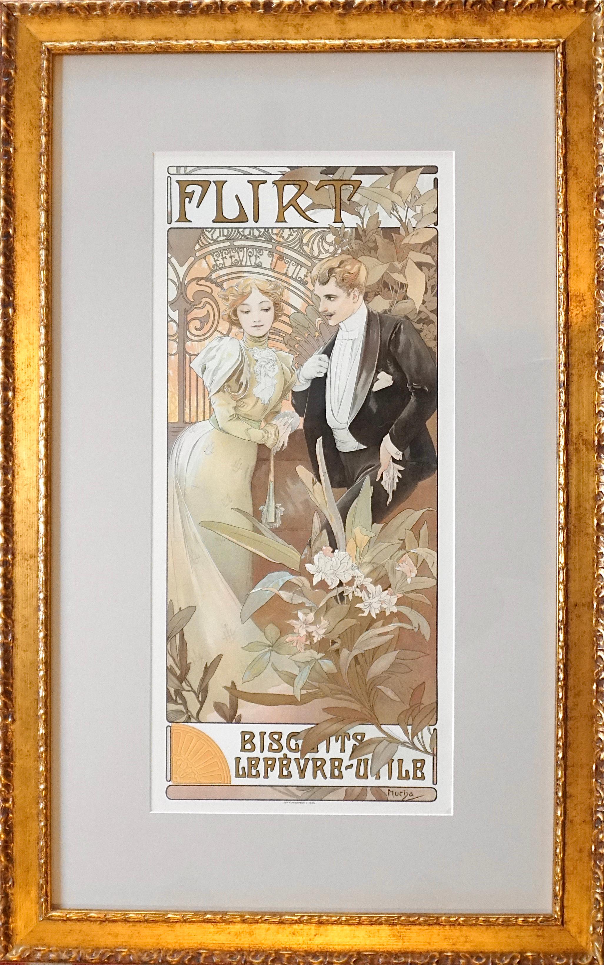 Alphonse Mucha (Czech, 1860-1939) Flirt Biscuits Lefevre Utile.
1899, Lithograph in colors on wove paper. Linen backed.
Imp F. Champenois Paris.
Measures : sheet: 24.75 x 11.75 inches.
frame: 35.75 x 22.5 inches.
Condition: Excellent with tape
