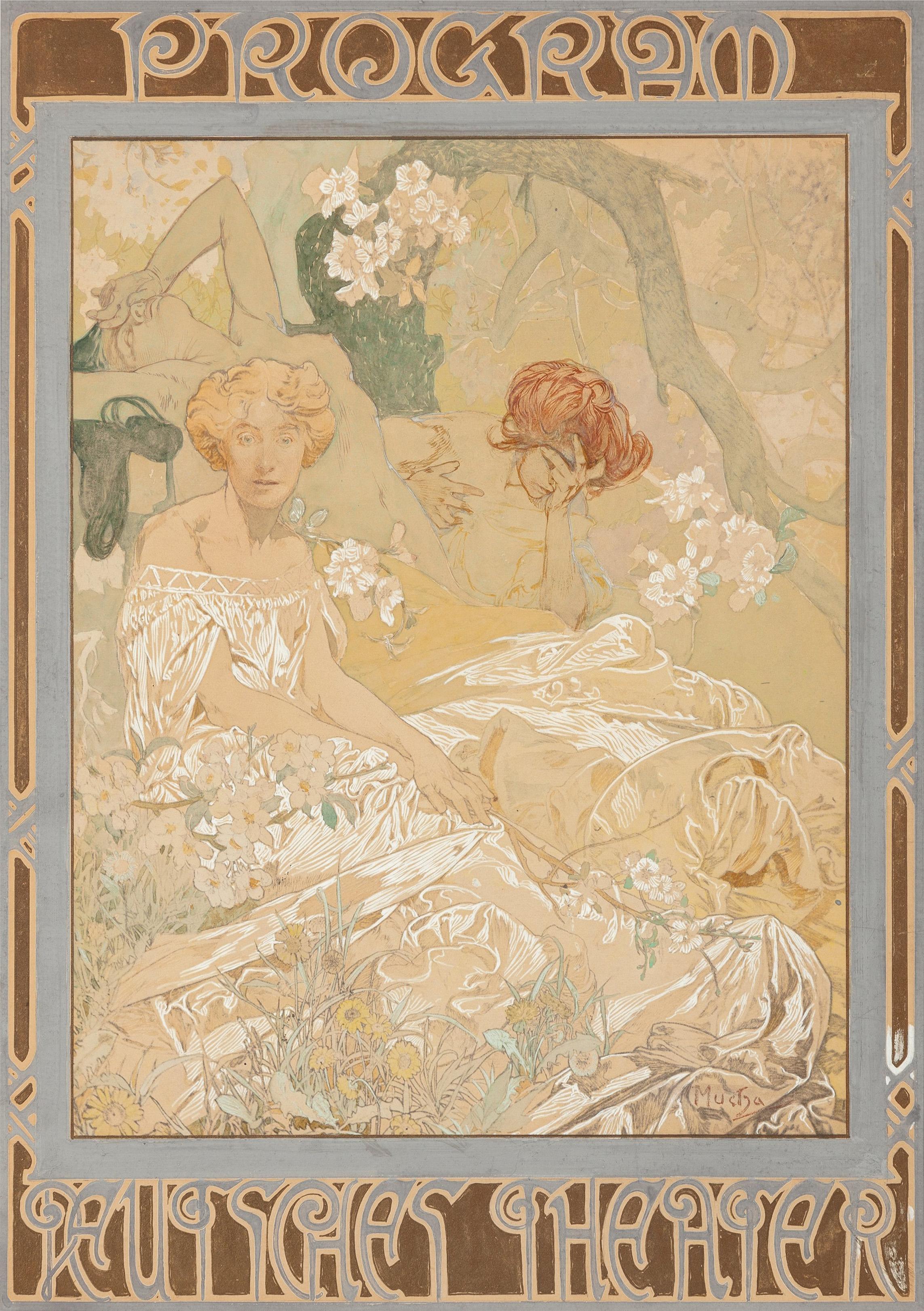 Watercolor, pencil, and gouache on board, final design for the Deutsches Schauspiel-Haus Theater Program, 1908
 
In 1908 Alphonse Mucha (1860-1939) was tasked with the redesign of the interior of the “Neues Deutsches Theater” (later on Irving Place