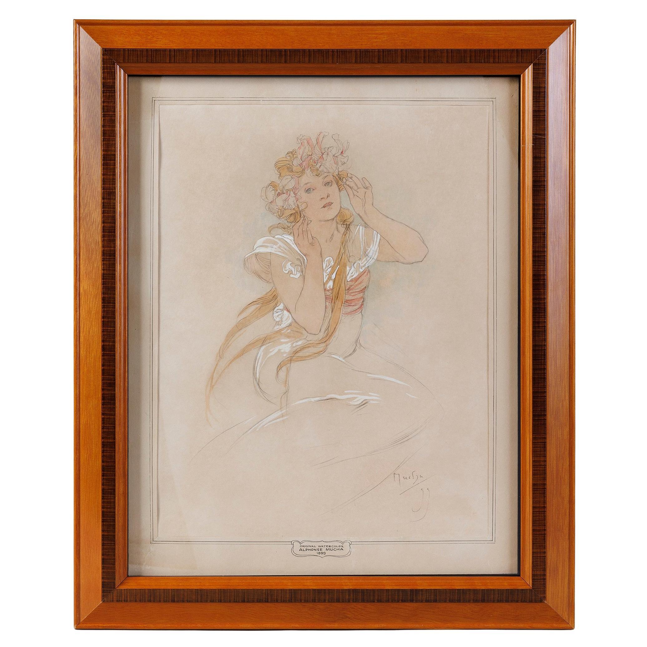 Alphonse Mucha "La Femme aux Iris" Watercolor and Gouache Study