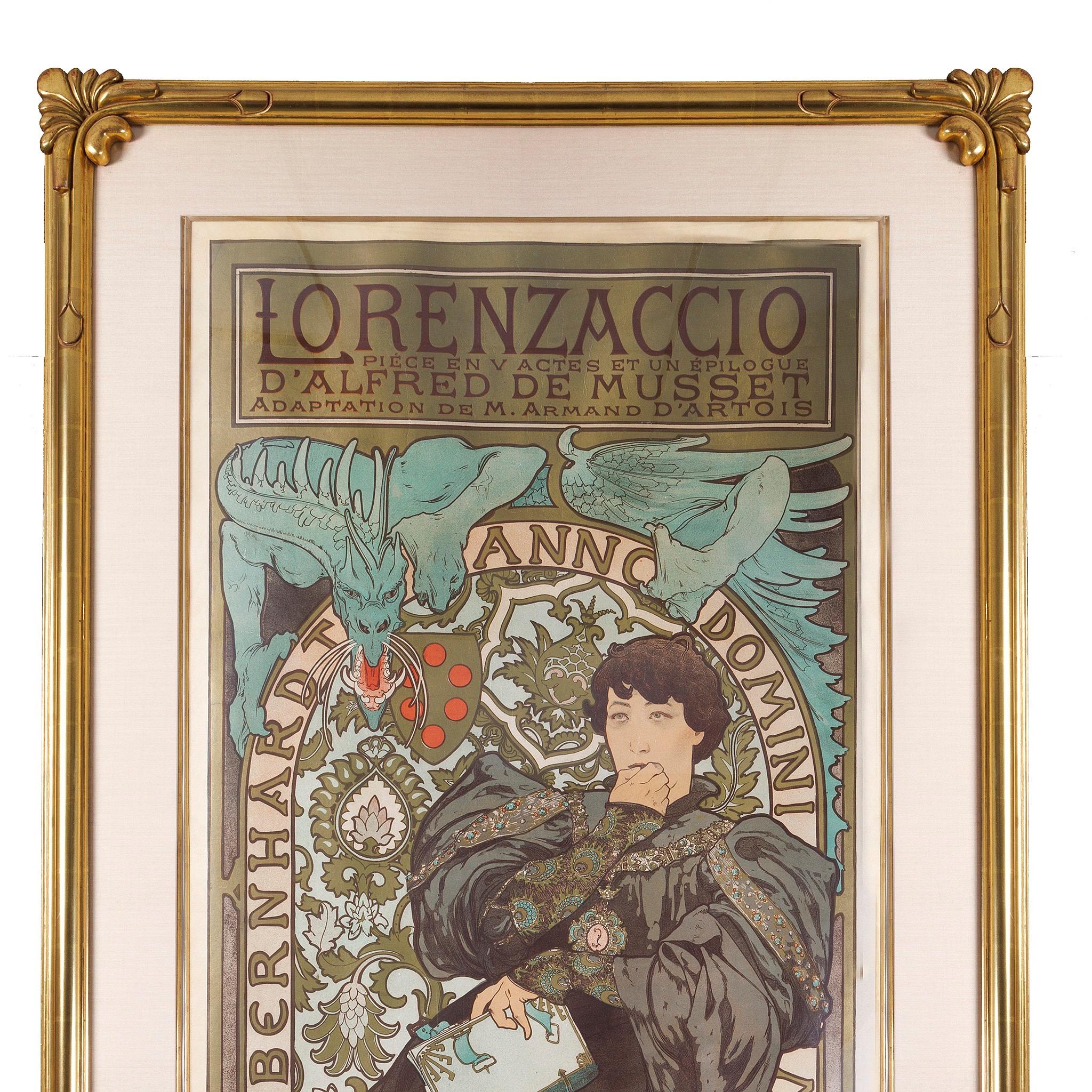 This striking theater poster was created by Alphonse Mucha for Lorenzaccio, a play by Alfred de Musset set in 16th-century Florence and centered on the powerful Medici family. Sarah Bernhardt starred in the titular role. The poster depicts
