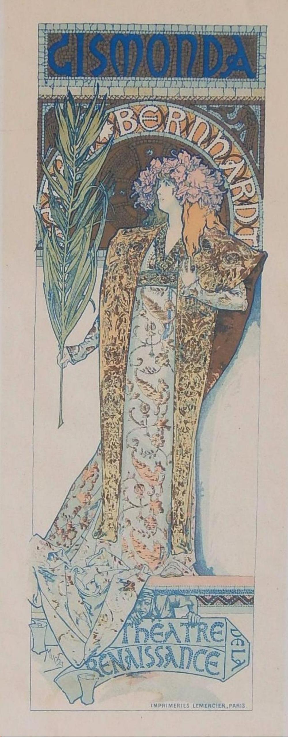 Alphonse Maria Mucha (1860-1939) original color lithograph, 1896.
Titled: “Gismonda.” A Sarah Bernhardt Play Poster. 
Image measures 13