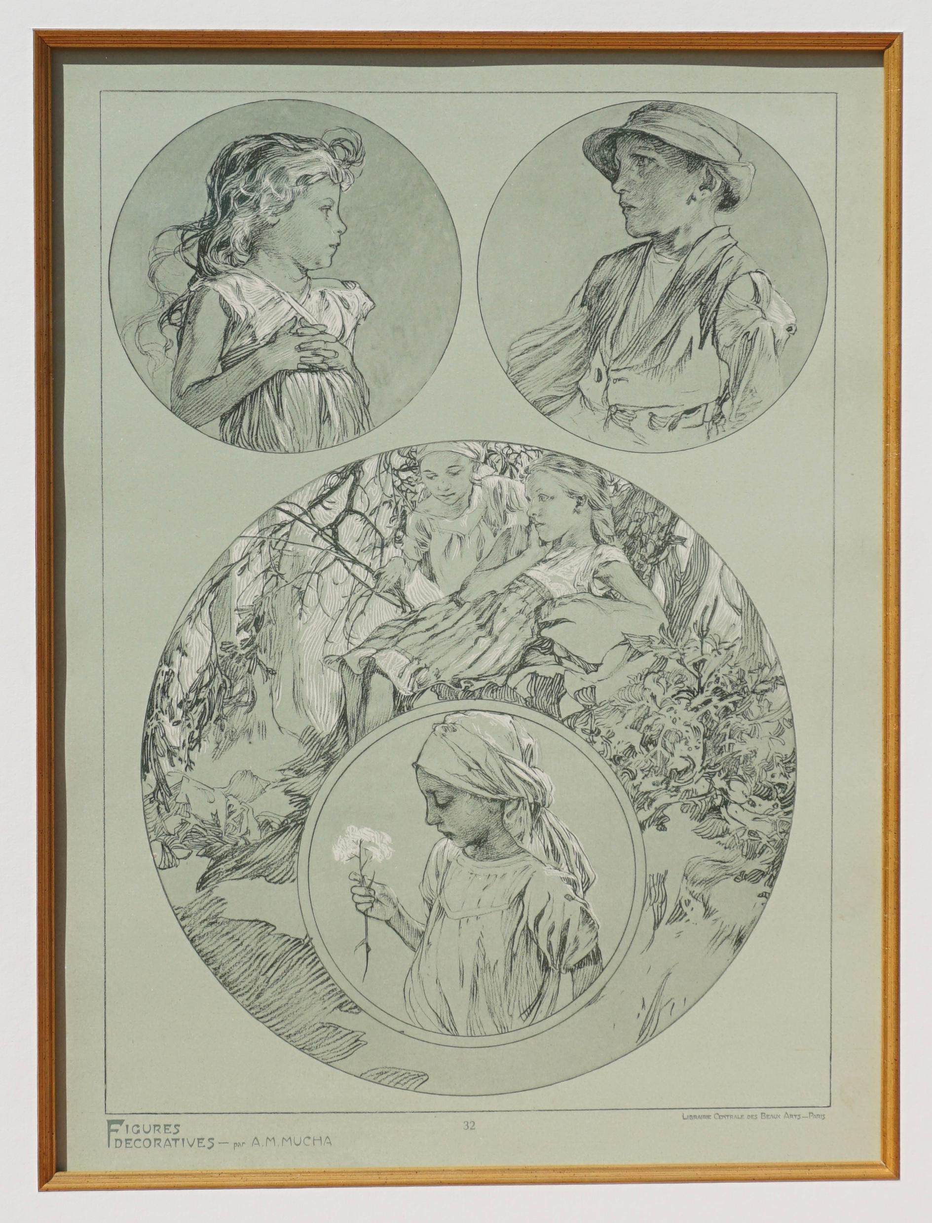 A framed Art Nouveau poster by Alphone Mucha from 1905 representing Muchas sketched designs of nudes, girls and boys in blacks, whites on green velem paper. Plate 32. 

Figures Decoratives par A. M. Mucha, PARIS Librairie Centrale des Beaux-Arts,