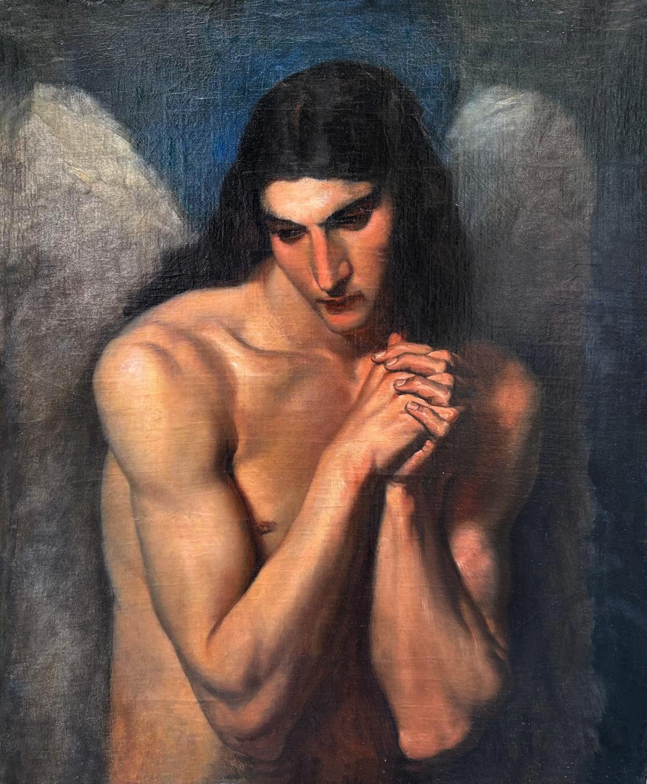 Attribué. Alphonse Muraton
Ange en prière
1824-1911
Huile sur toile
Taille de l'image : 27 9/16 x 23 pouces (70,1 x 58,4 cm)

Cette peinture d'un ange en prière est immédiatement frappante sur le plan visuel, les ailes floues et le fond bleu sans