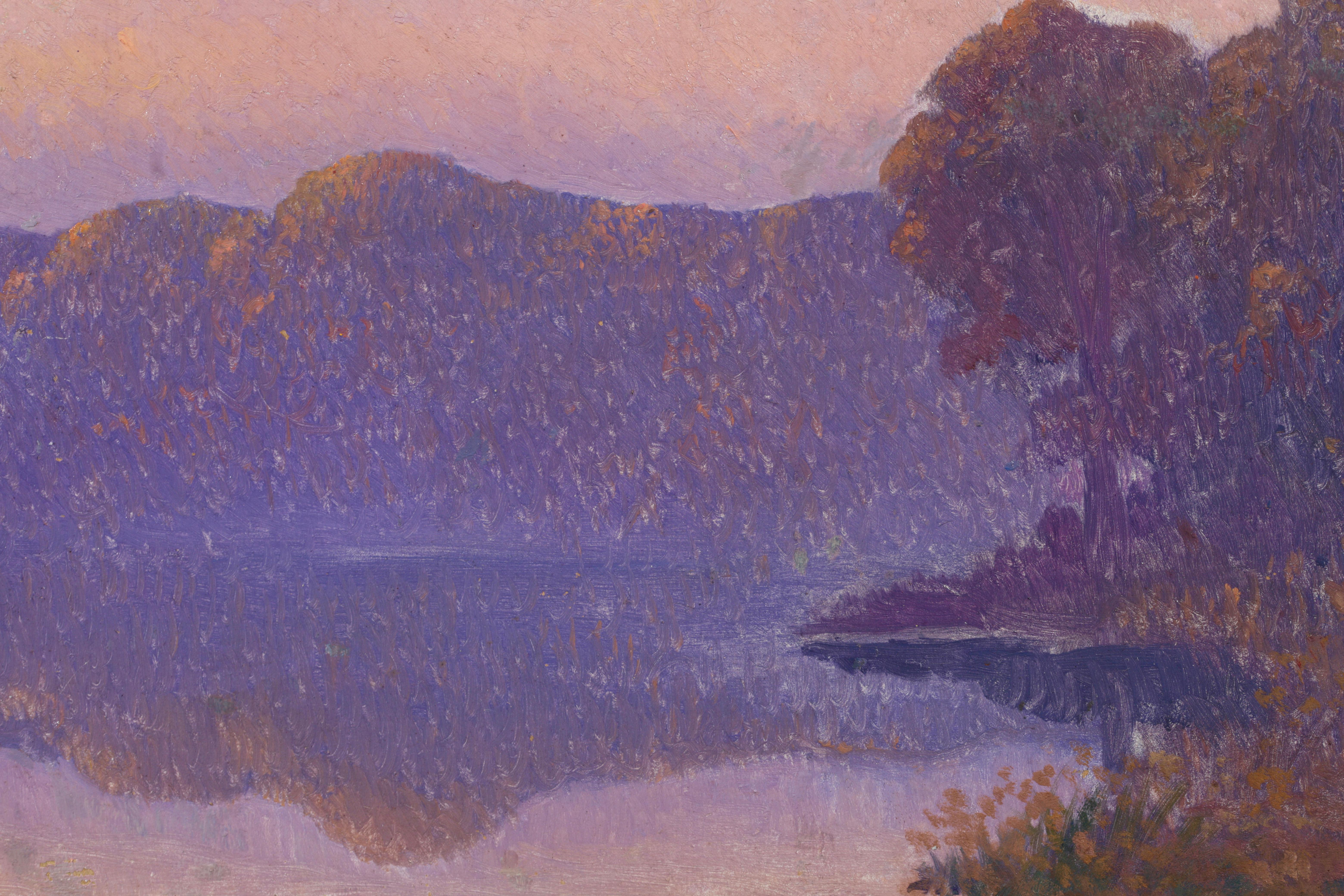 La Muse Du Lac - Symbolist Figure in Landscape Oil Painting by Alphonse Osbert For Sale 5
