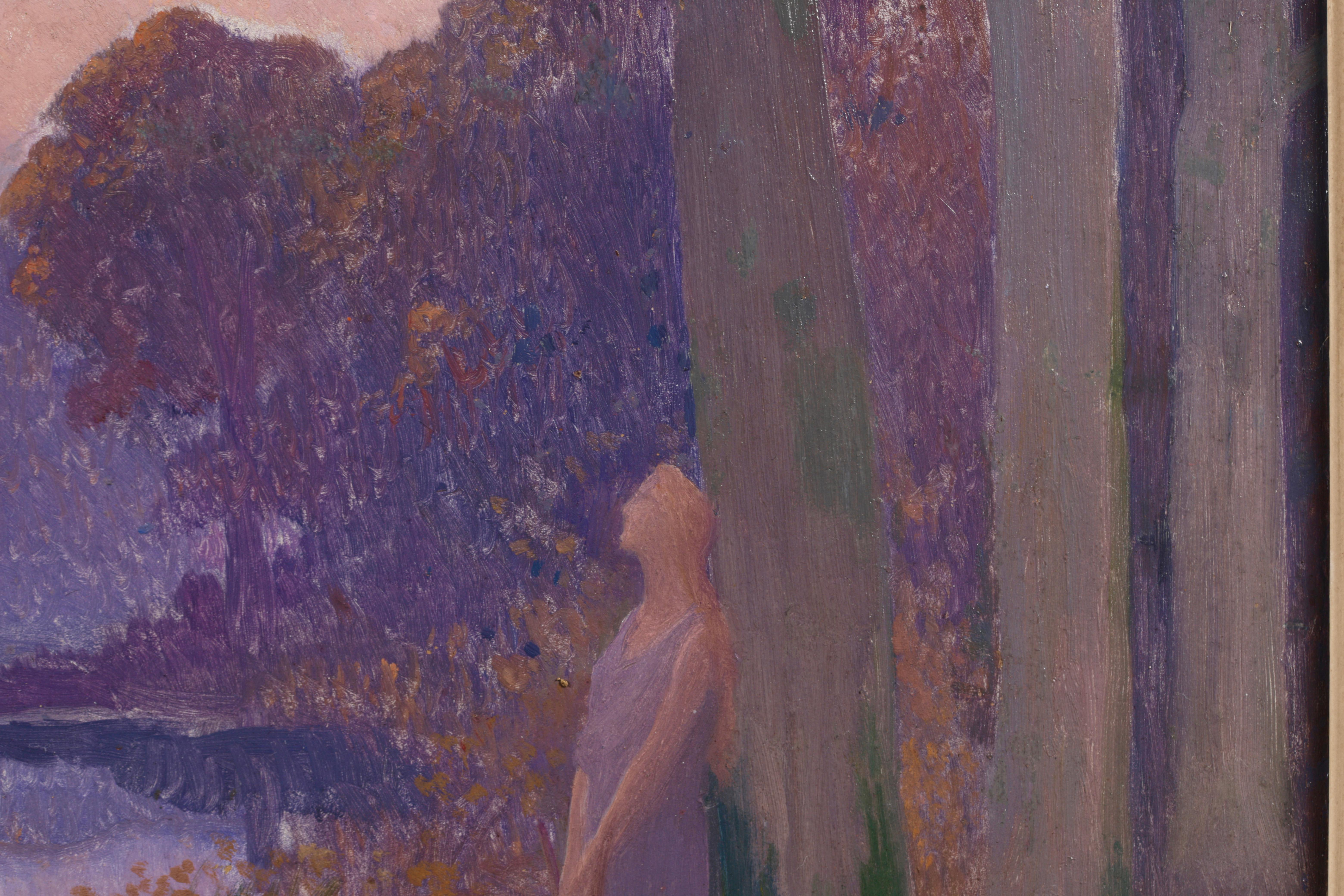 La Muse Du Lac - Symbolist Figure in Landscape Oil Painting by Alphonse Osbert For Sale 5
