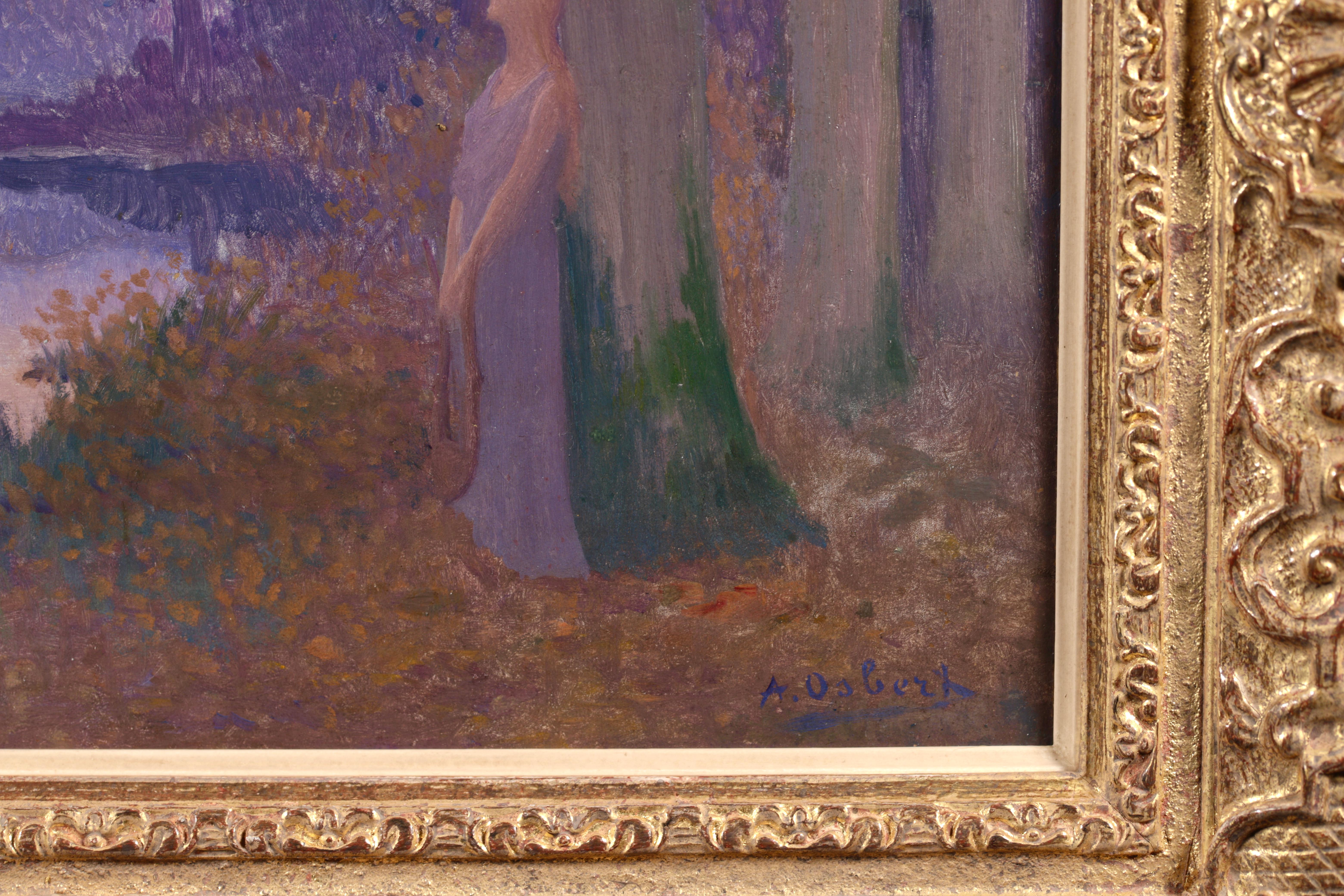 La Muse Du Lac - Symbolist Figure in Landscape Oil Painting by Alphonse Osbert For Sale 6