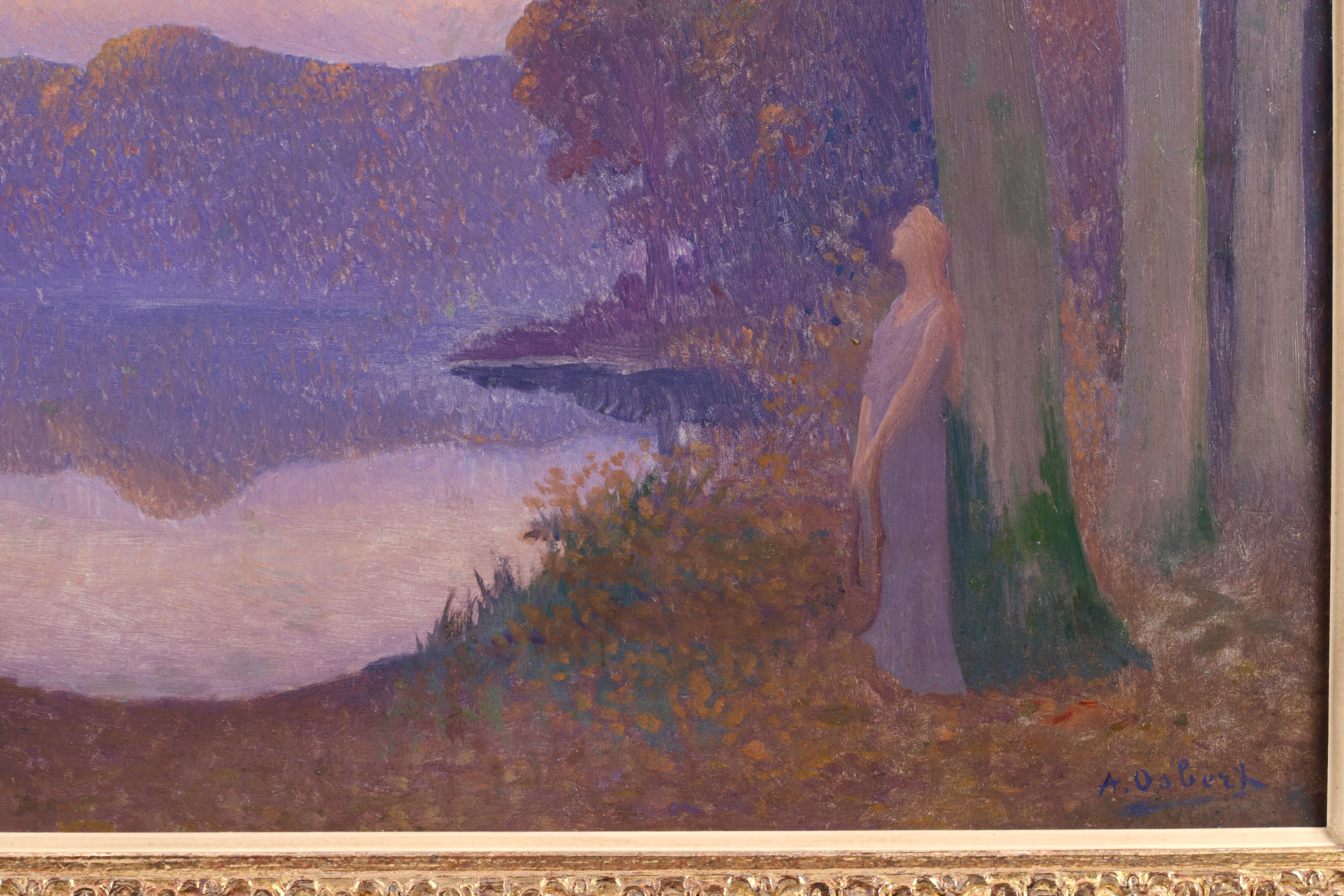 La Muse Du Lac - Symbolist Figure in Landscape Oil Painting by Alphonse Osbert For Sale 1