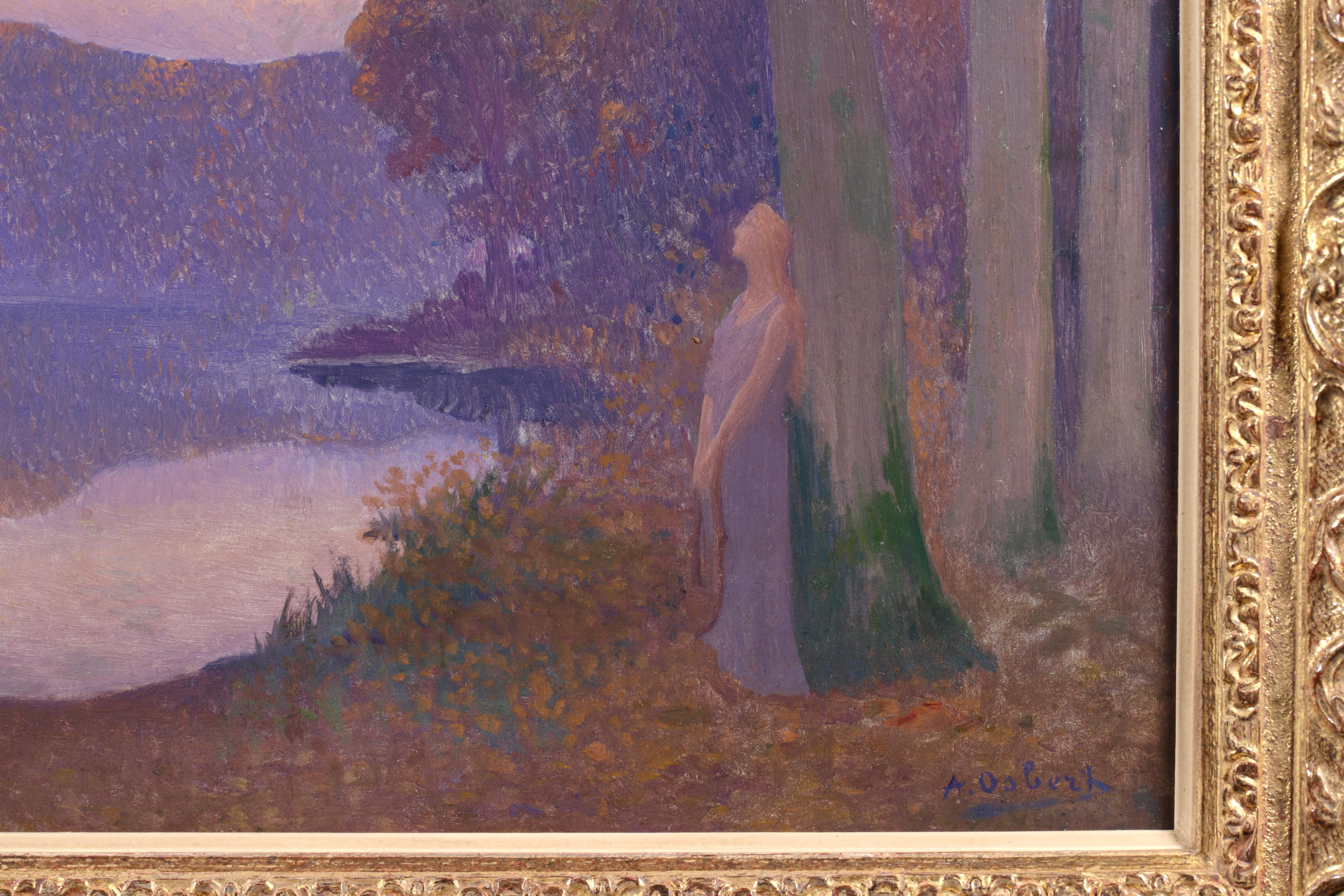 La Muse Du Lac - Symbolist Figure in Landscape Oil Painting by Alphonse Osbert For Sale 3