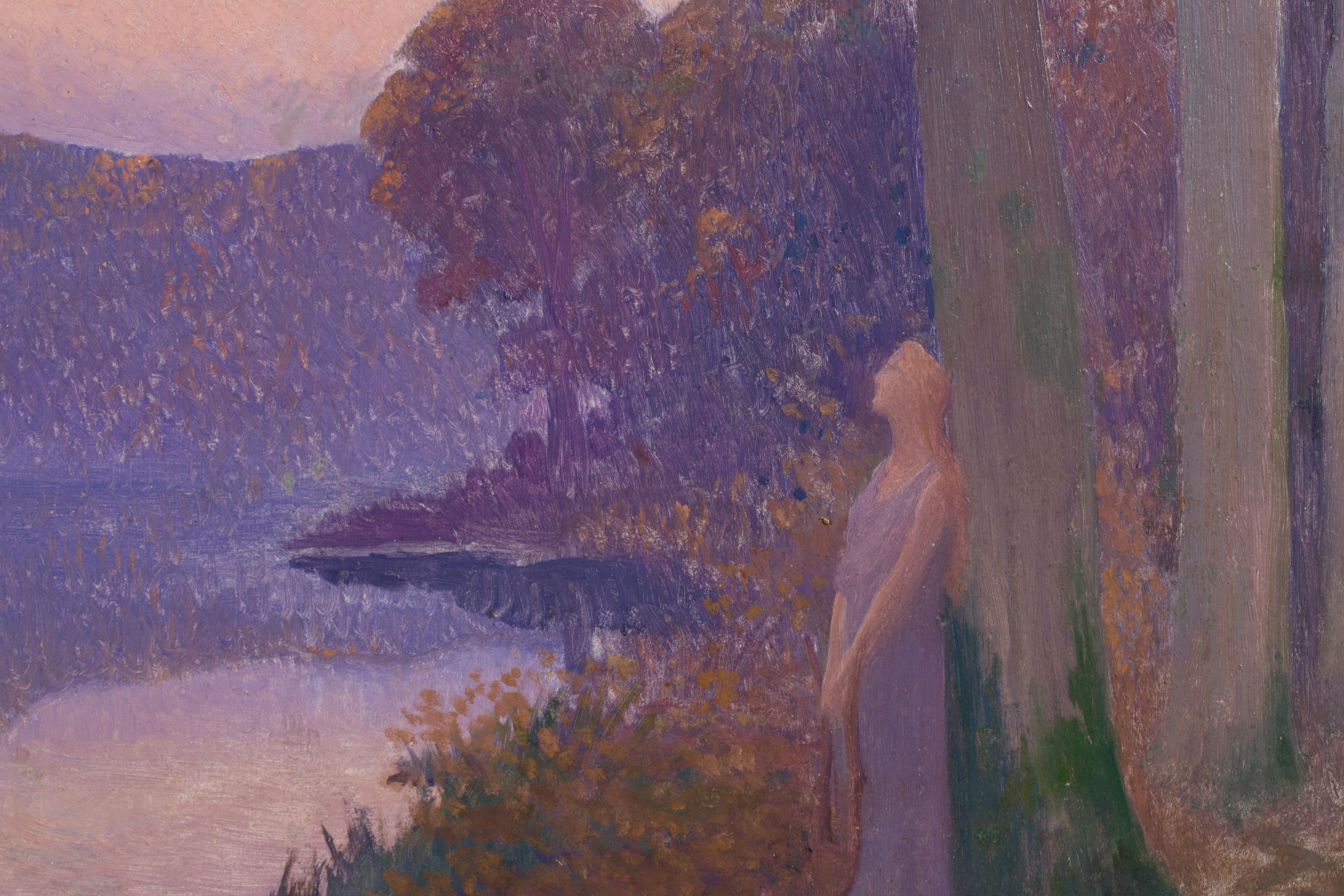 La Muse Du Lac - Symbolist Figure in Landscape Oil Painting by Alphonse Osbert For Sale 4
