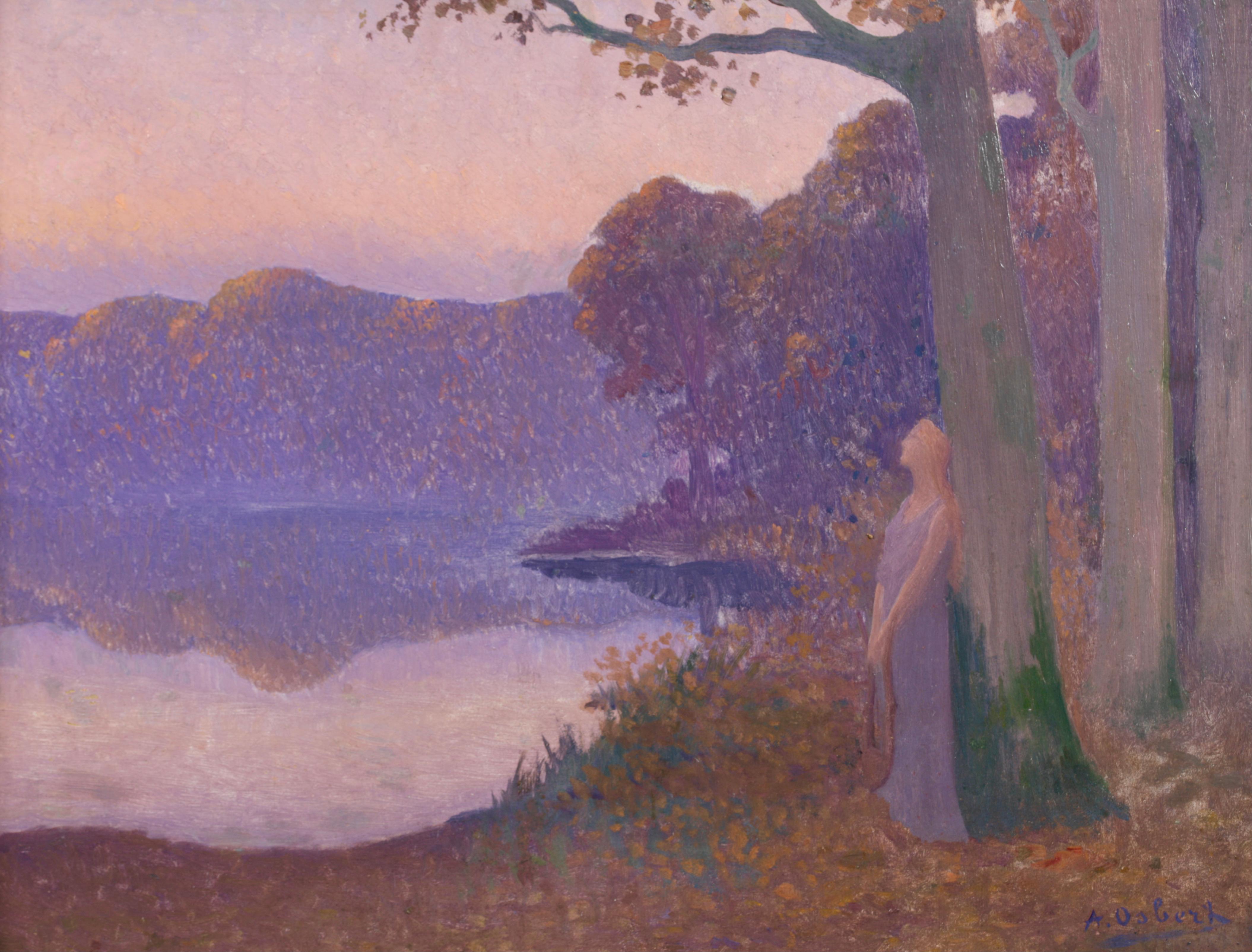 Alphonse Osbert  Landscape Painting - La Muse Du Lac - Symbolist Figure in Landscape Oil Painting by Alphonse Osbert