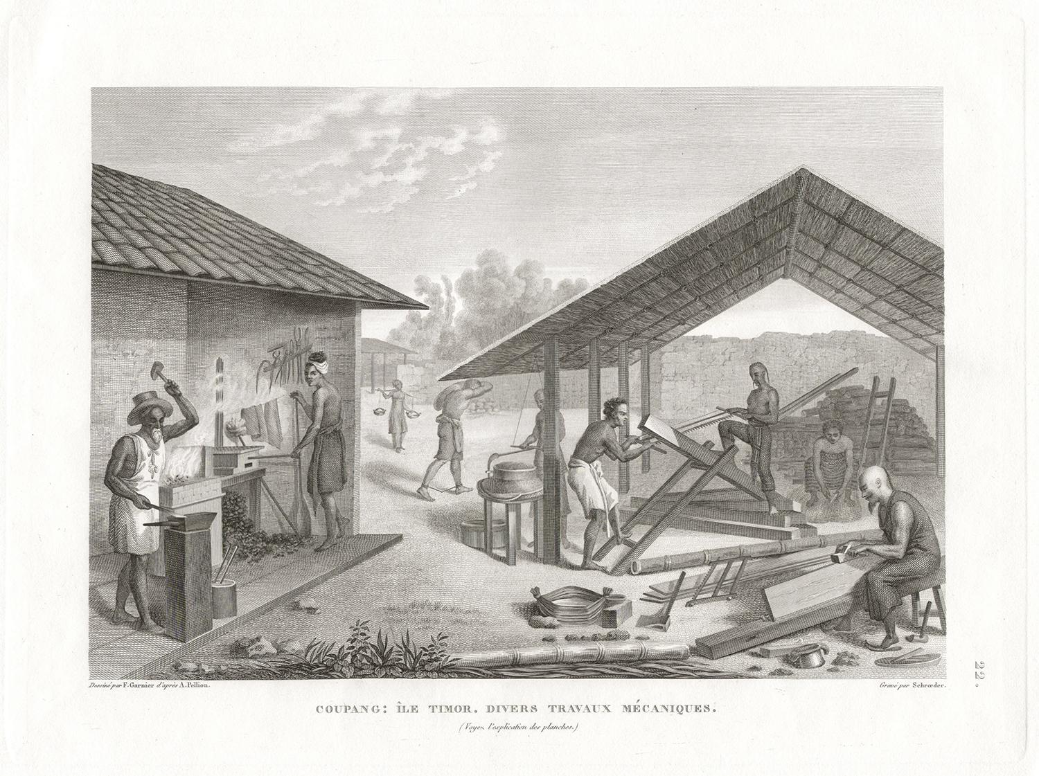 Coupang : Ile Timor. Divers Travaux Mécaniques. Early 19th century engraving.