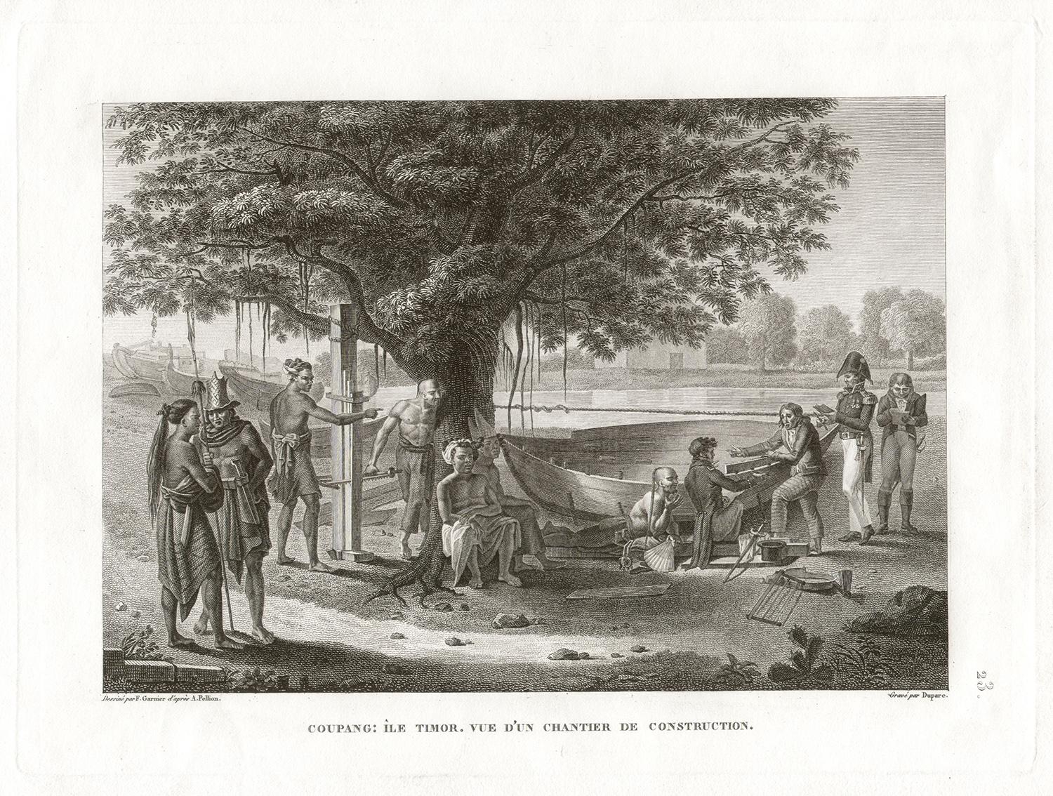 Alphonse Pellion Landscape Print - Coupang : Ile Timor. Vue d'un chantier de construction. Early C19th engraving