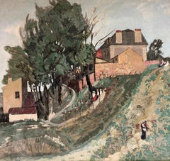 Fine Large Montmartre Oil Painting Major French Artist Figure & Old Houses