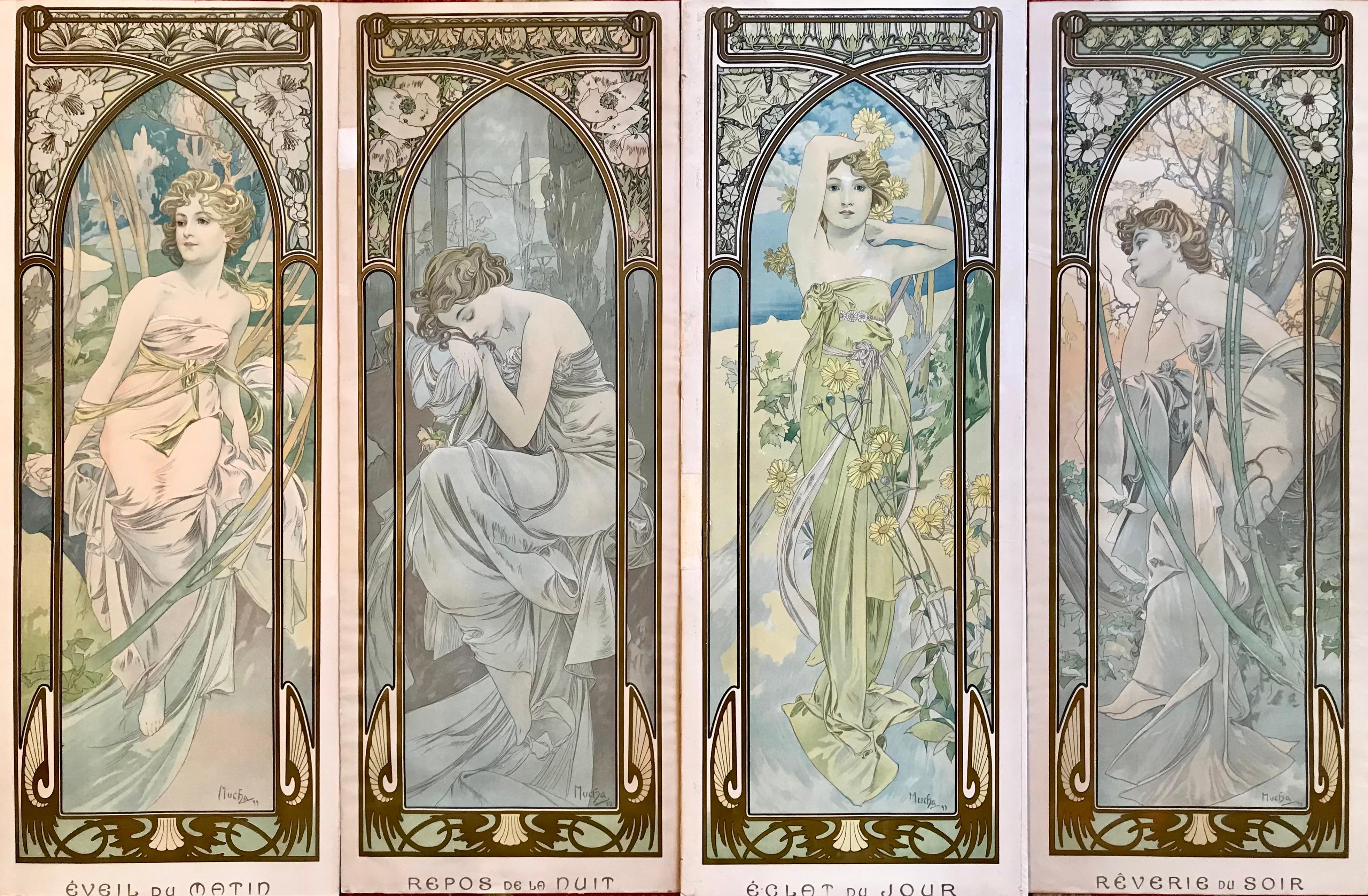 Cuatro litografías de Alphonse Mucha Los tiempos del día en venta 1