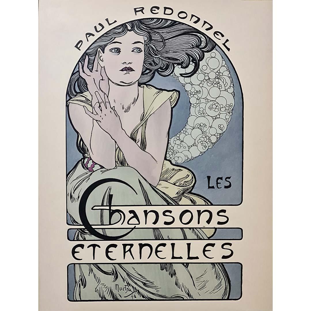 Réalisée en 1898, cette lithographie originale d'Alphonse Mucha a été conçue pour *Les Chansons Éternelles*, un recueil de poèmes de l'écrivain français Paul Redonnel. Cette édition richement illustrée a été publiée à Paris en une série limitée à