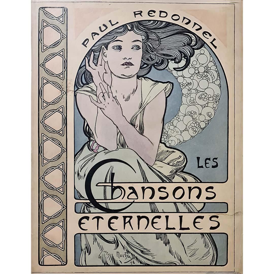 Réalisée en 1898, cette lithographie originale d'Alphonse Mucha a été conçue pour *Les Chansons Éternelles*, un recueil de poèmes de l'écrivain français Paul Redonnel. Cette édition richement illustrée a été publiée à Paris en une série limitée à