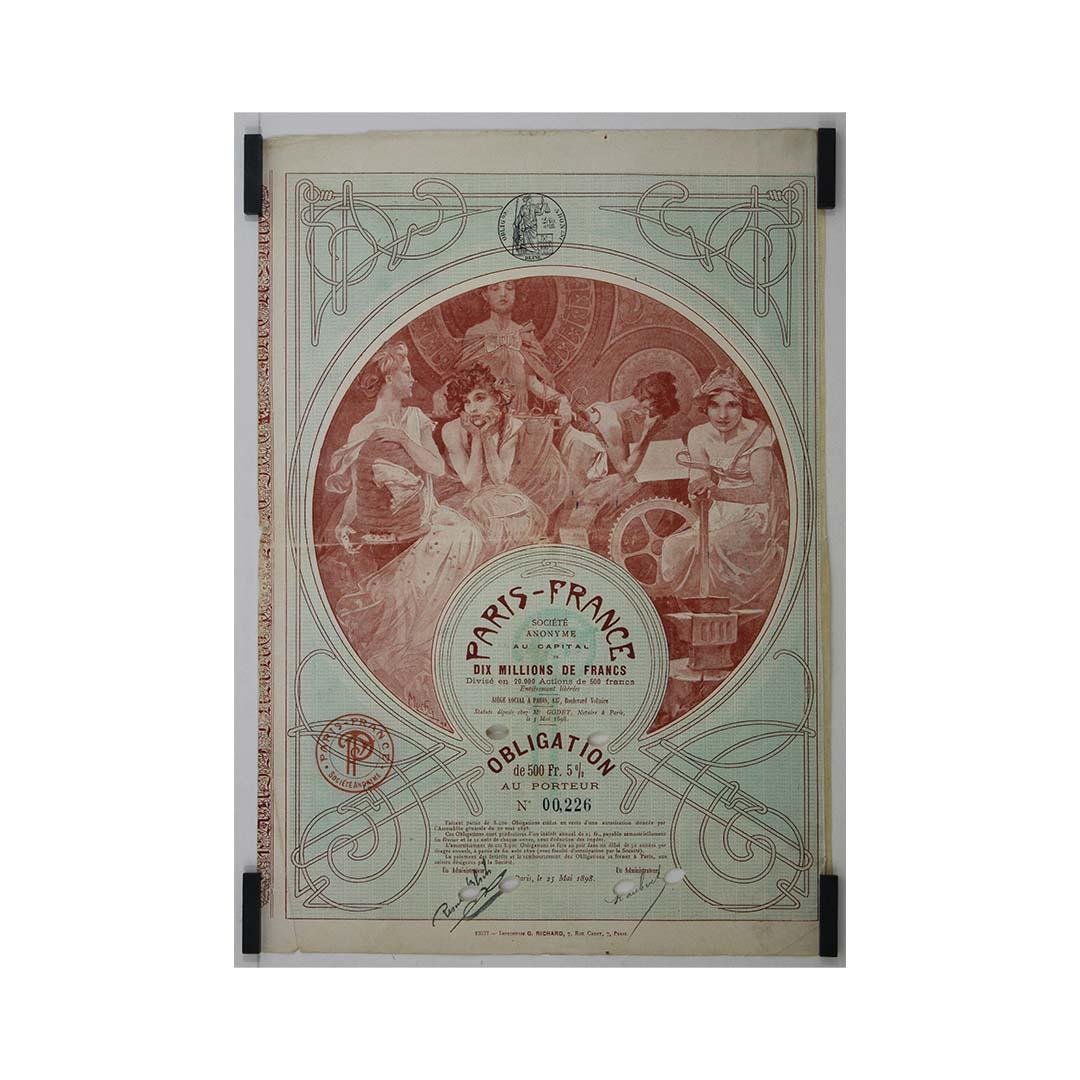 1898 Obligation au Porteur documento financiero de Alphonse Mucha en venta 1