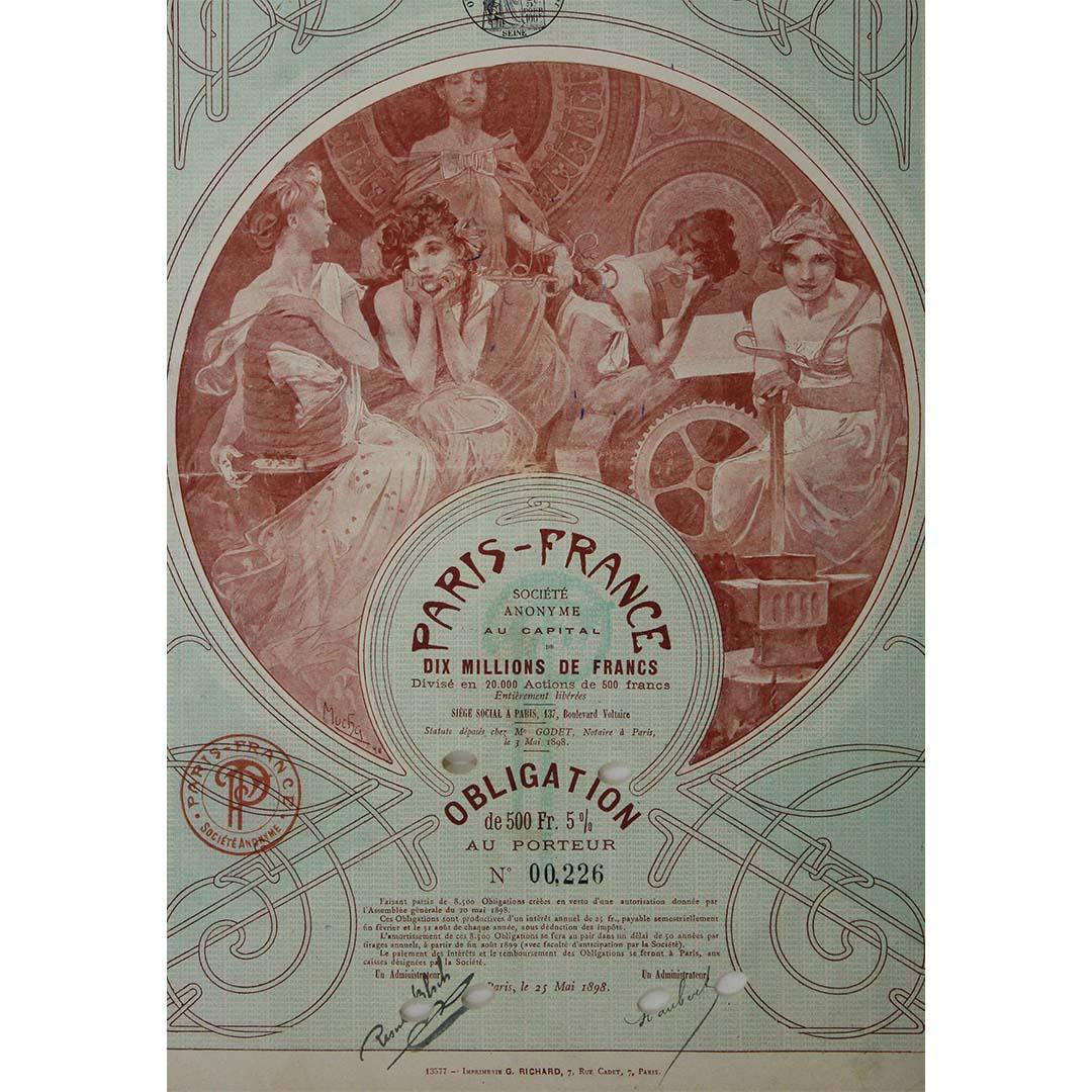 1898 Obligation au Porteur documento financiero de Alphonse Mucha en venta 3