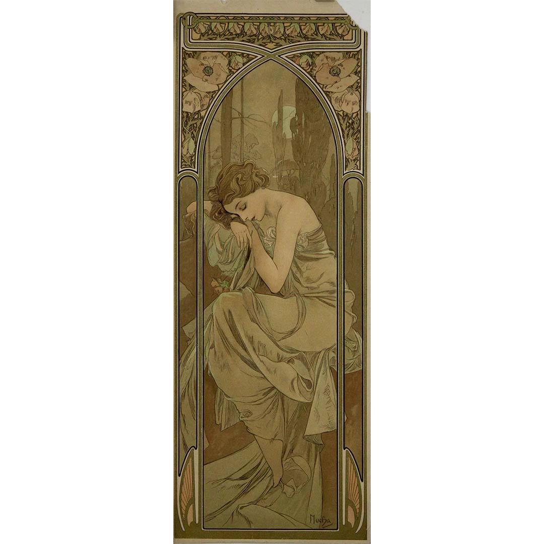 This delicate and poetic image, titled "Repos de la Nuit" (Rest of the Night), is an 1899 original color lithograph by Alphonse Mucha, one of the most iconic figures of the Art Nouveau movement. It belongs to a celebrated series representing the
