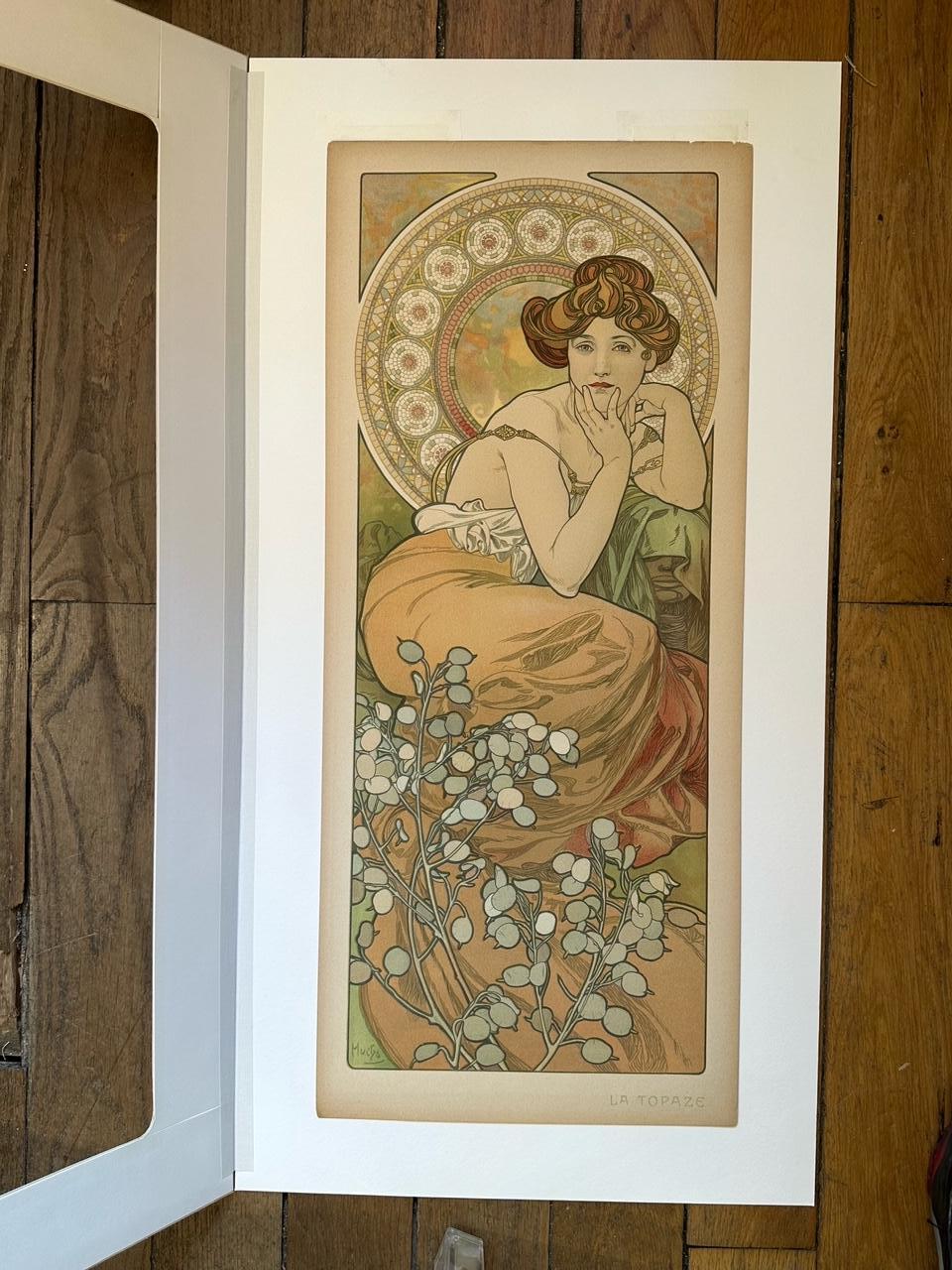 Affiche originale de 1900 La Topaze d'Alphonse Mucha, faisant partie des Pierres Précieuses en vente 2