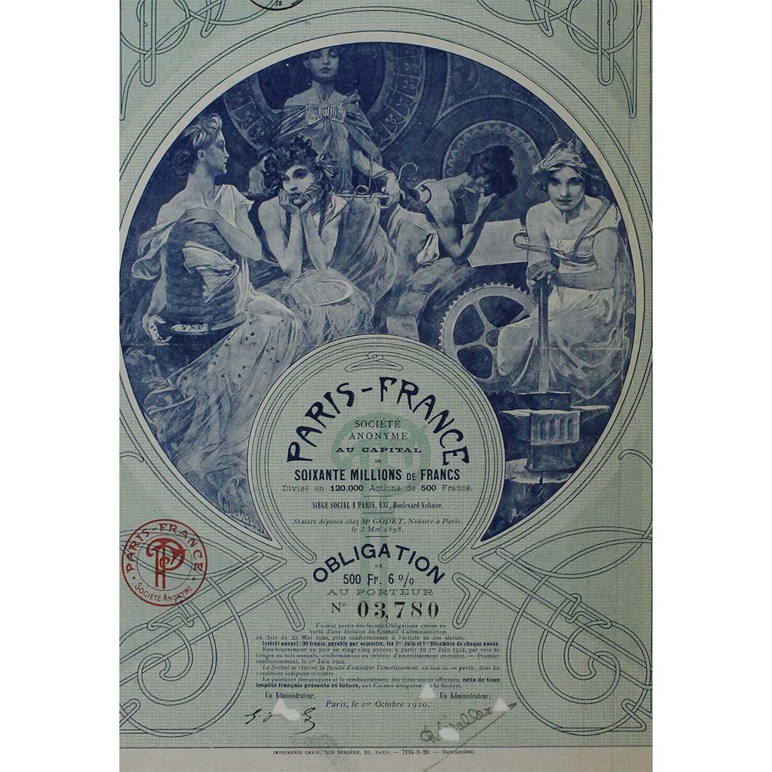 1920 Obligation au Porteur documento financiero de Alphonse Mucha en venta 1