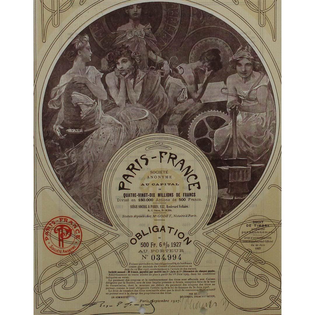 1927 Documento financiero Obligation au Porteur de Alphonse Mucha en venta 1