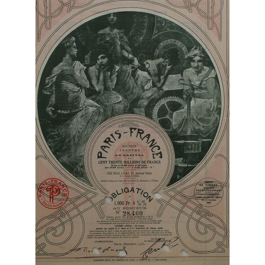 1930 Obligation au Porteur financial document by Alphonse Mucha For Sale 3