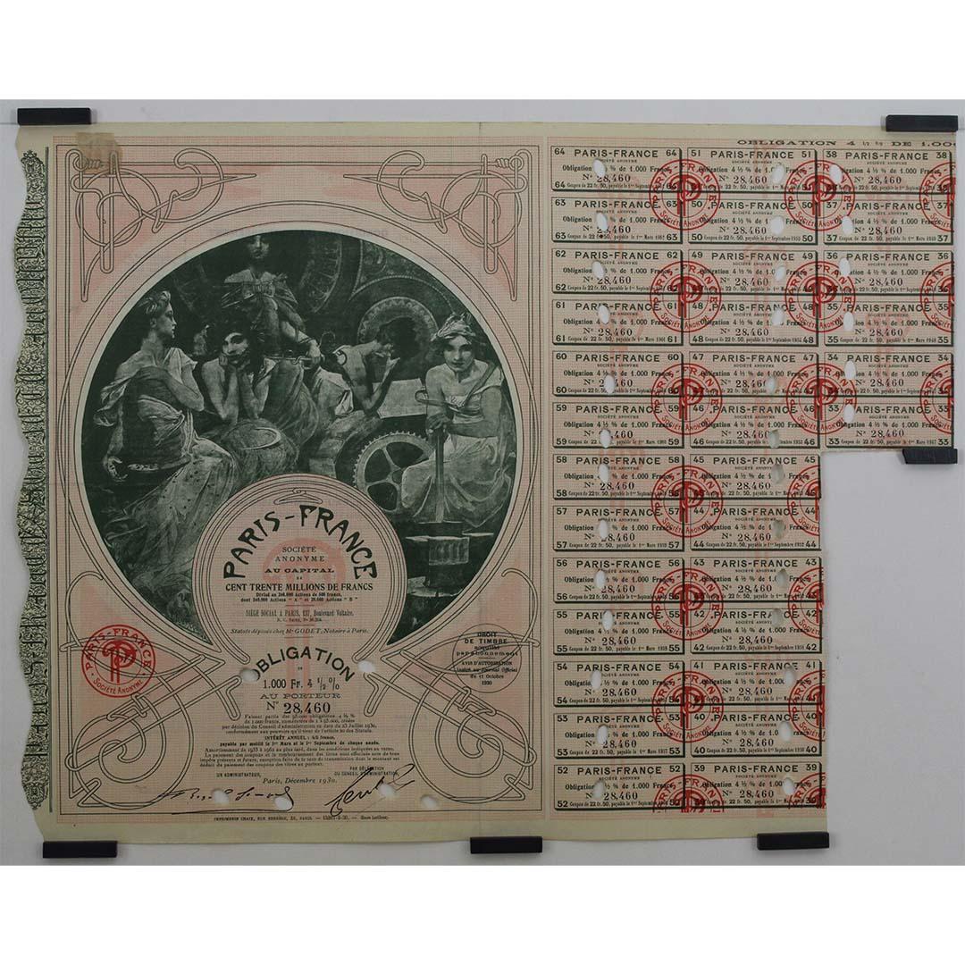 The 1930 green edition of the Paris-France bearer bond carries with it the weight of transition. Issued just after the Wall Street Crash of 1929, this certificate offered a lower interest rate of 4.5% on a 1000 franc investment. Its large