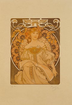Alfons Maria Mucha ( Ceco, 1860 - 1939 ) "Sogno ad occhi aperti" Litografia Art Nouveau