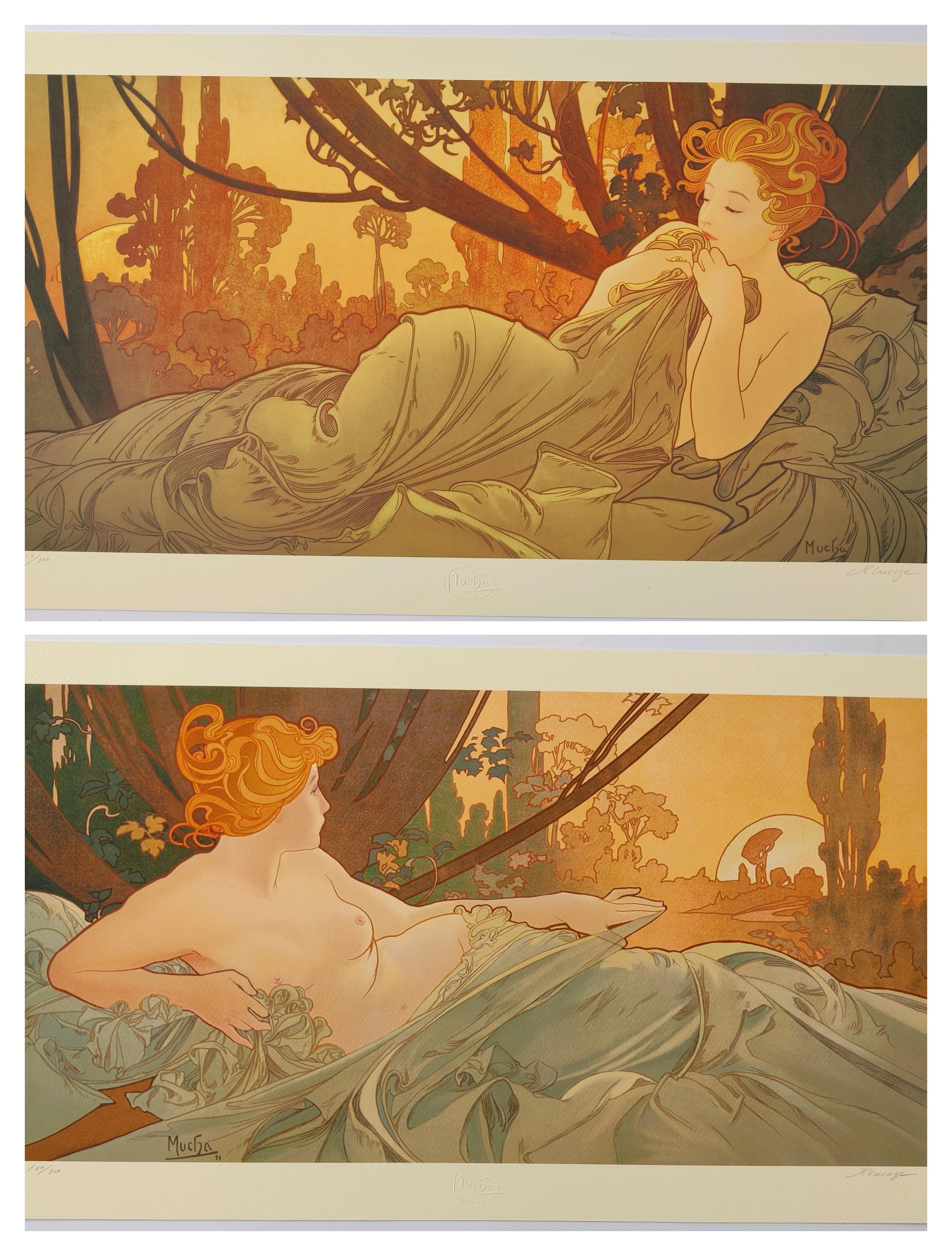 Alphonse Mucha
DAWN & DUSK, Set of 2 posters
Reproduction Colour Lithograph of Original, From Mucha Foundation
60 x 45.5 cm
Embossed Mucha Foundation lower middle
Editioned 117/300, 130/300 in pencil lower left
Signed by the printer in pencil lower