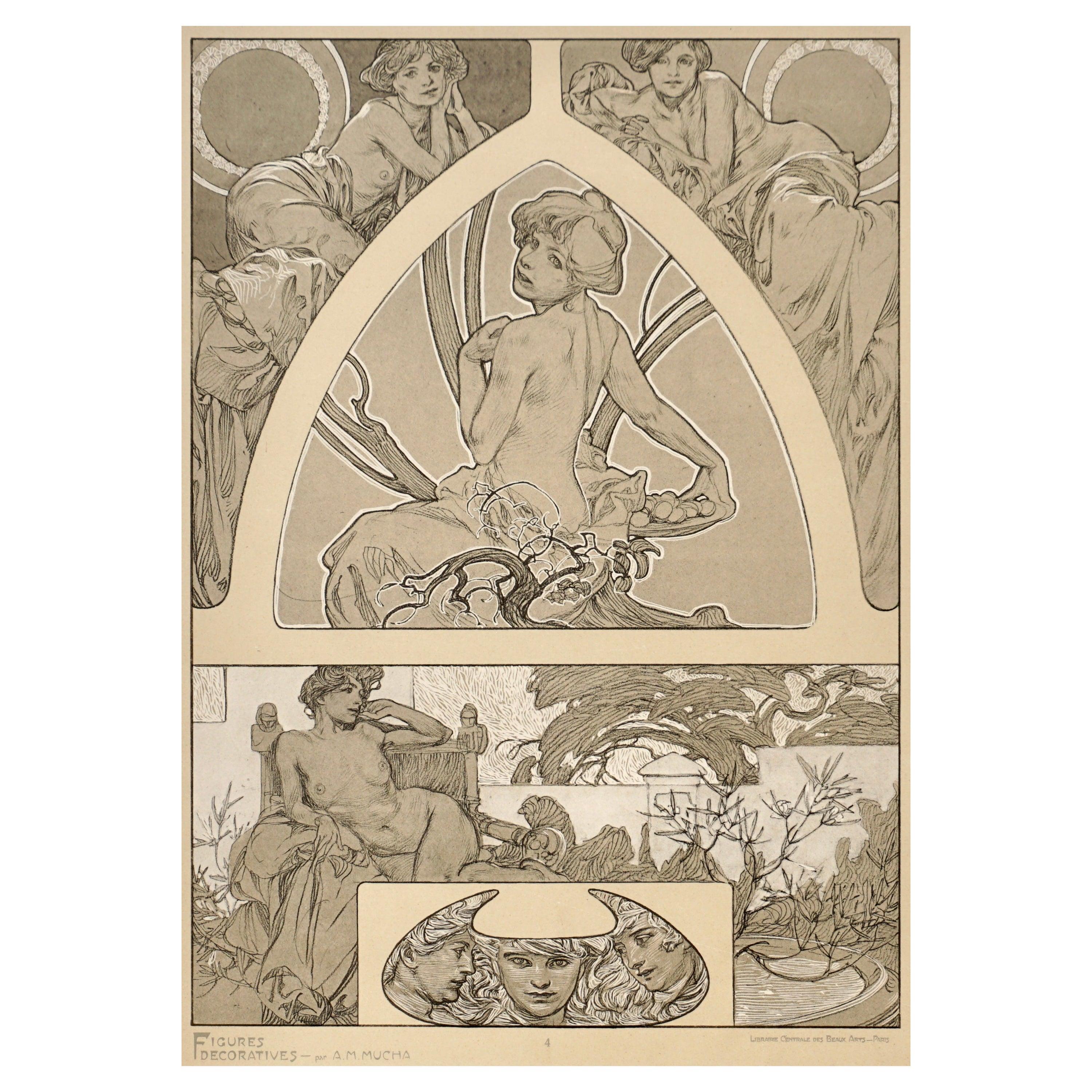 A framed Art Nouveau lithograph collotype poster by Alphone Mucha from 1905 representing the artist’s sketches of nudes, women and beautiful ladies in blacks and white pigments on vellum paper. Plate 4 of “Figures Decoratives par A. M. Mucha,”
