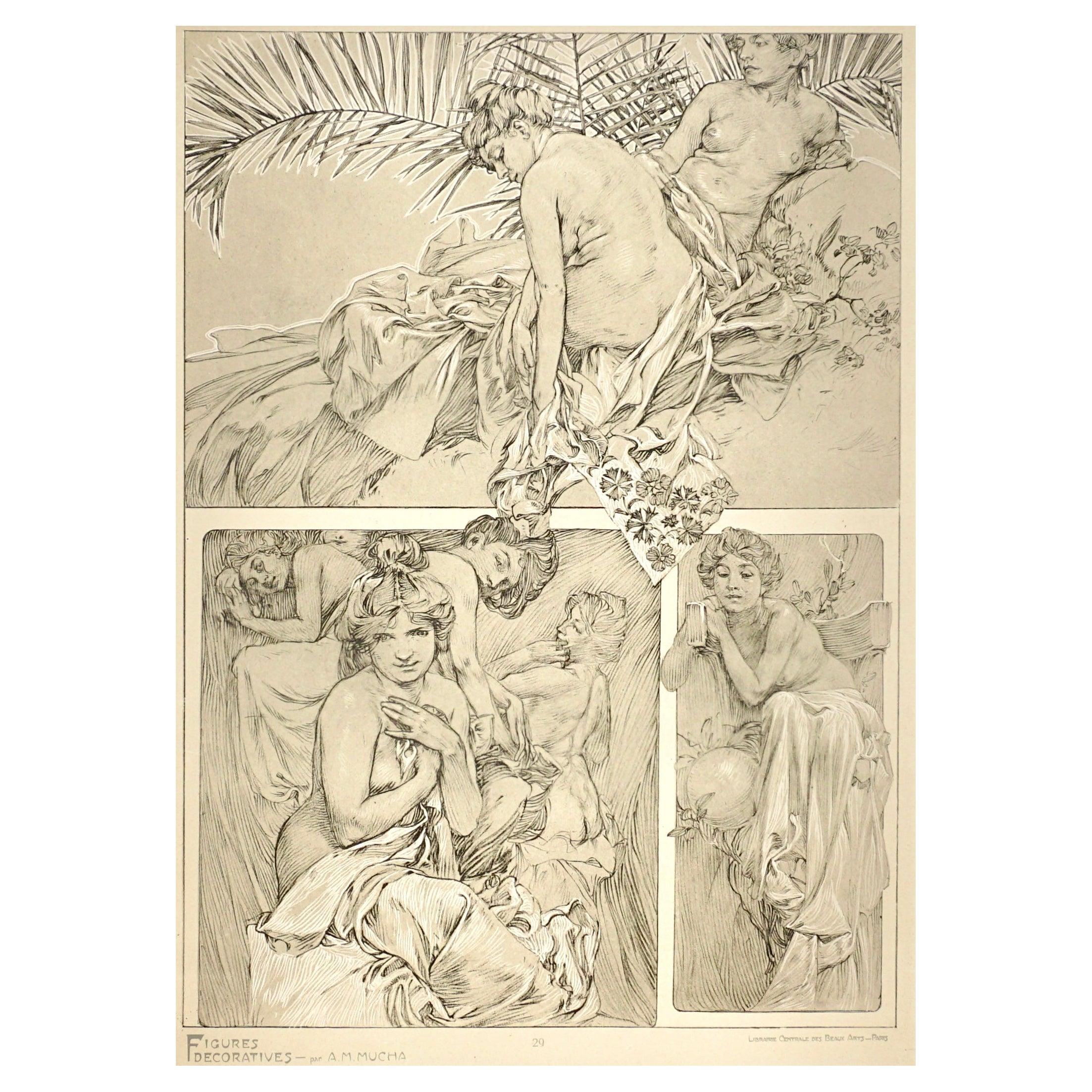 A framed Art Nouveau lithograph collotype poster by Alphone Mucha from 1905 representing the artist’s sketches of nudes, women and beautiful ladies in blacks and white pigments on vellum paper. Plate 29 of “Figures Decoratives par A. M. Mucha,”