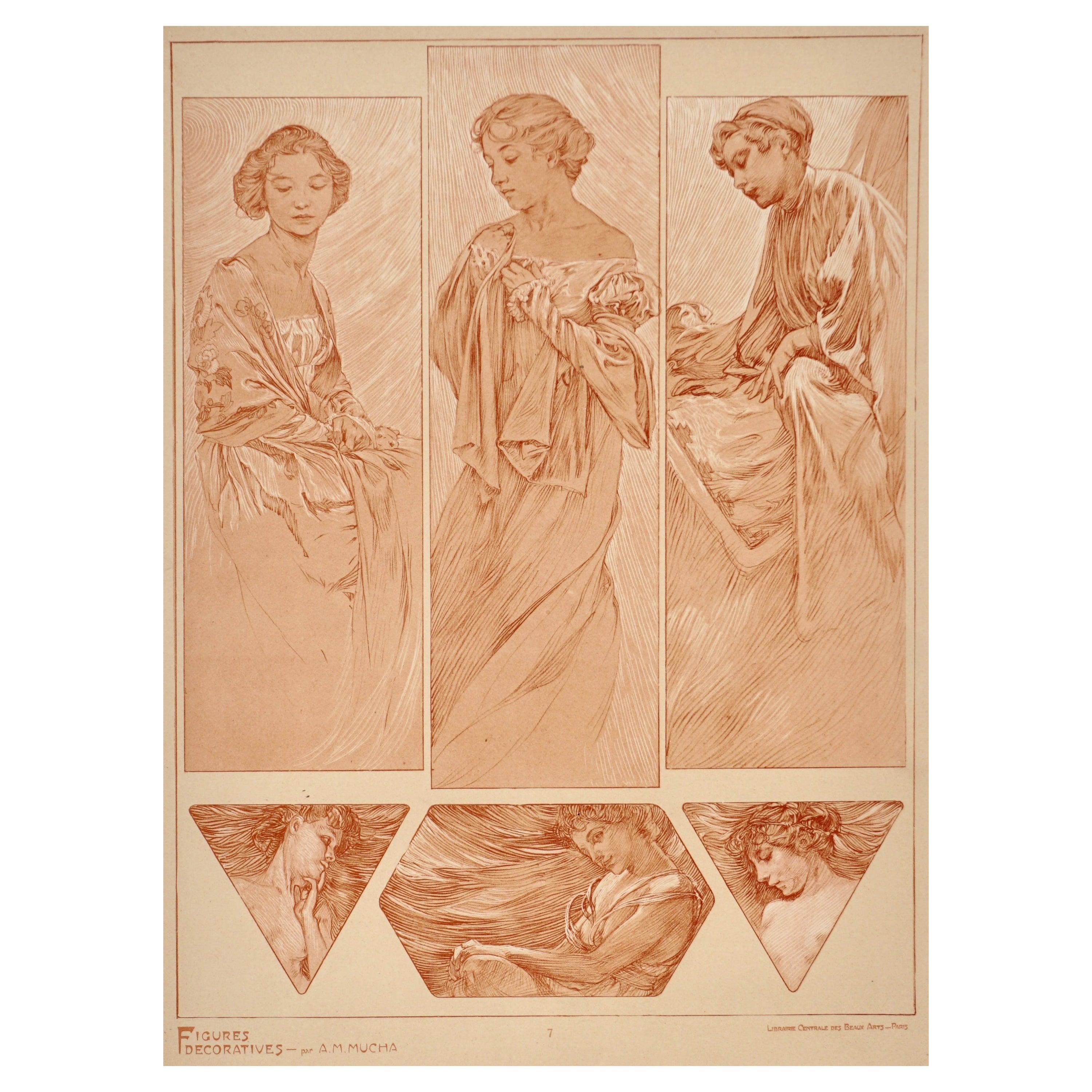A framed Art Nouveau lithograph collotype poster by Alphone Mucha from 1905 representing the artist’s sketches of nudes, women and beautiful ladies in red umber and white pigments on vellum paper. Plate 7 of “Figures Decoratives par A. M. Mucha,”