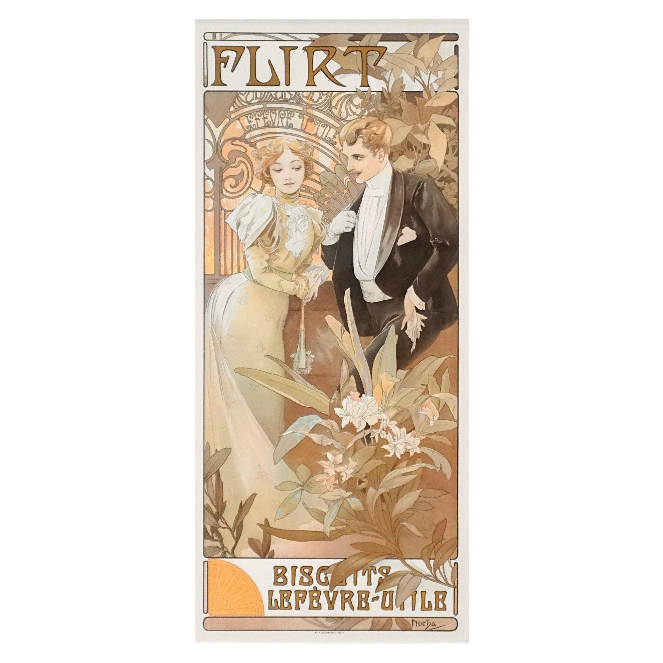 Alphonse Mucha (Czech, 1860-1939) Flirt Biscuits Lefevre Utile.
1899, Lithograph in colors on wove paper. Linen backed.
Imp F. Champenois Paris.
Measures : sheet: 24.75 x 11.75 inches.
frame: 35.75 x 22.5 inches.
Condition: Excellent with tape