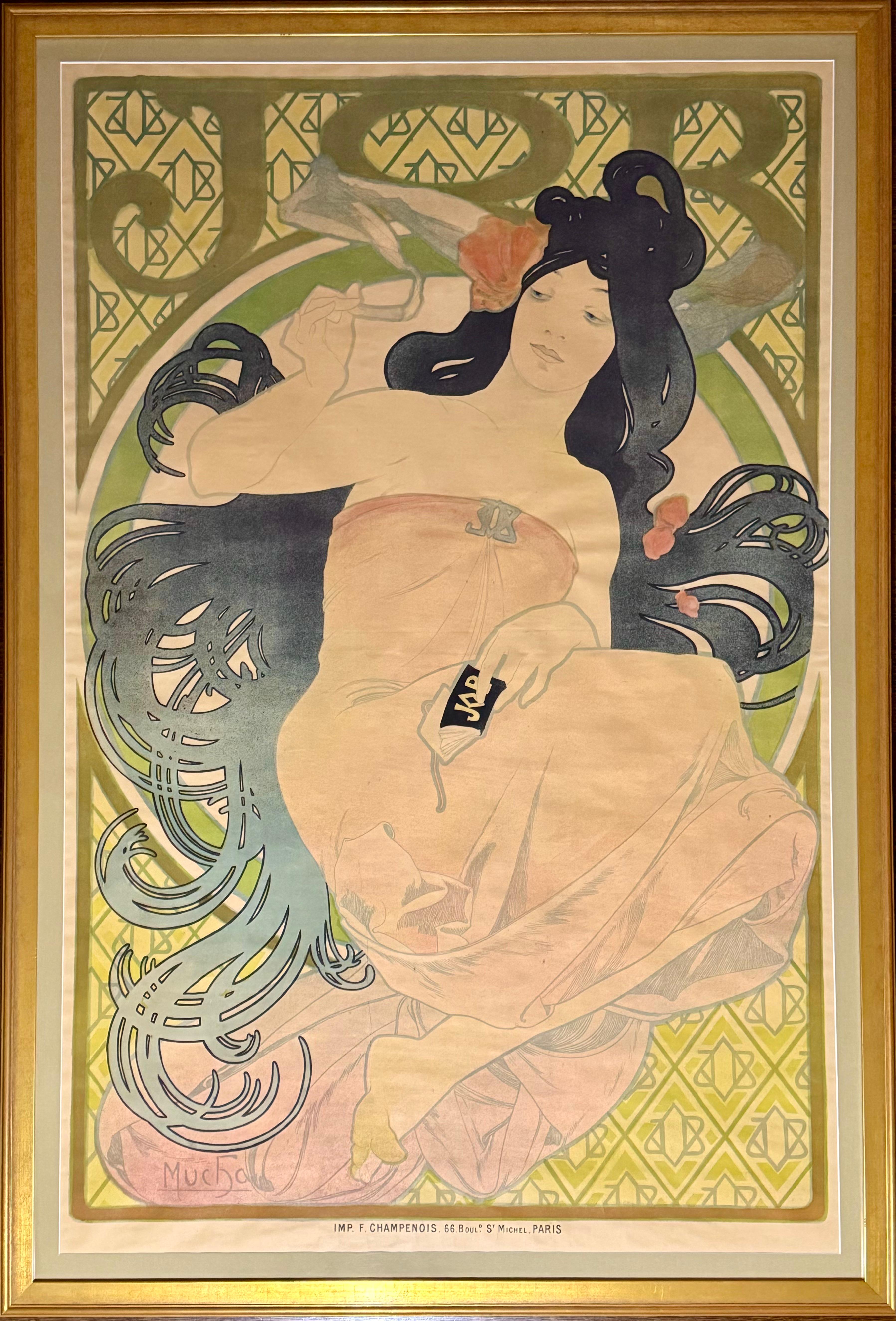 Alphonse Mucha OriginalJOB Lithograph
Paris, France 1898 
Condition:  (B+) condition. Linen Backed with beautiful frame under plexiglass ready to hang. No Issues.  
Poster: 60.85 x 40.75 inches 
Frame: 64.5 x 44.5 inches  

Poster for 'Job'