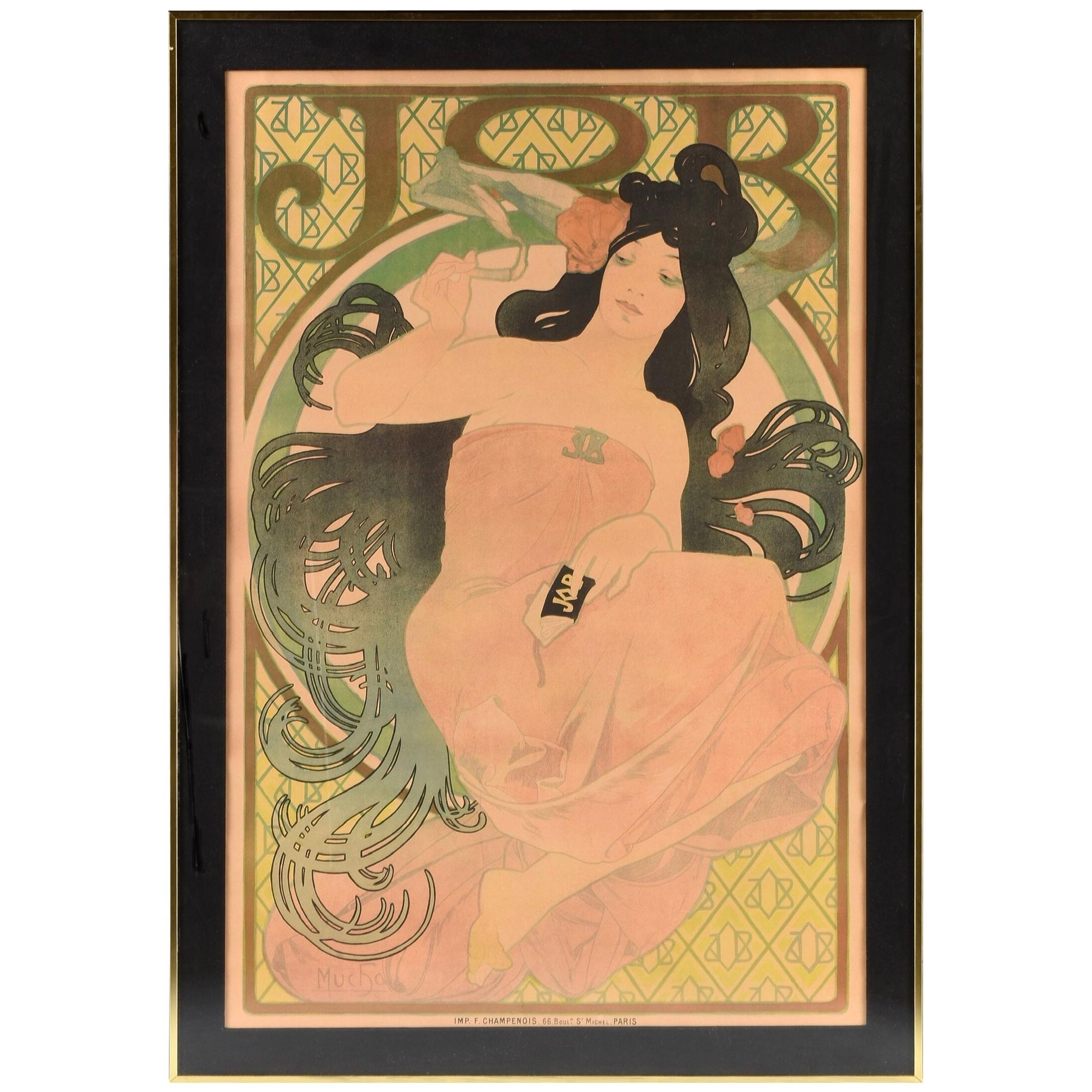 Alphonse Mucha 1898 "JOB" poster. Printed by: “Imp. F Champenois 66 Boul, St Michel, Paris” in 1898

Very good (A-) condition with toning throughout and less under matting. 

Linen backed with contemporary frame under plexiglass ready to hang.
