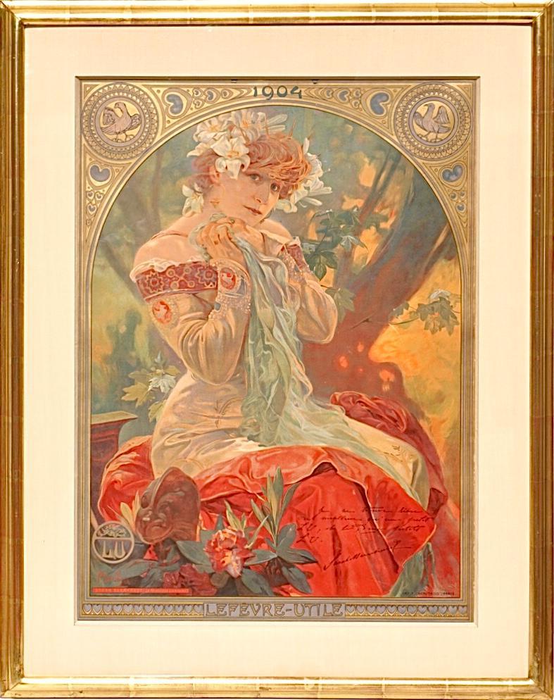 Mucha, Alfons Maria  1860 - 1939
Lefevre-Utile - Sarah Bernhardt
Lithograph 1903
Dimensions: 27.5 x 20 in. (70 x 51 cm)
Framed: 28 x 35.5 Inches
Printer: F. Champenois, Paris
Condition Details: (A-/B+) framed. Gold and colors are crisp. Wear