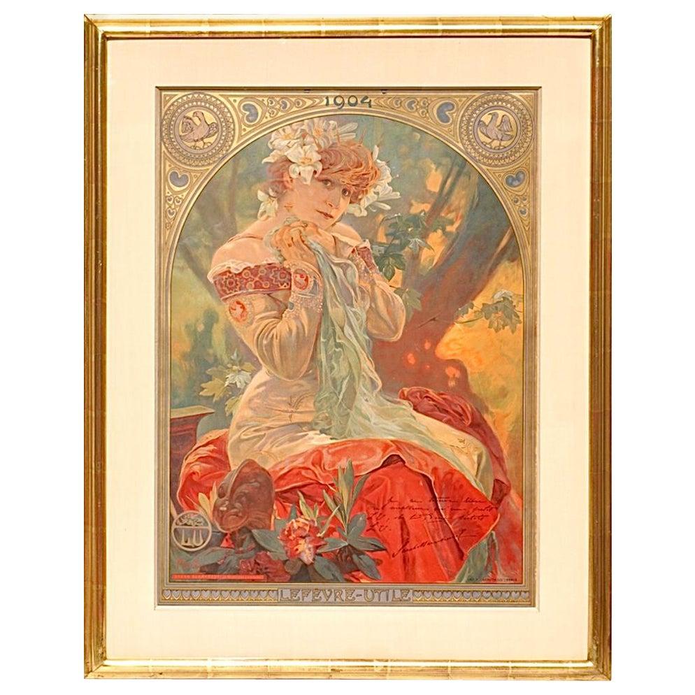Mucha, Alfons Maria  1860 - 1939
Lefevre-Utile - Sarah Bernhardt
Lithograph 1903
Dimensions: 27.5 x 20 in. (70 x 51 cm)
Framed: 28 x 35.5 Inches
Printer: F. Champenois, Paris
Condition Details: (A-/B+) framed. Gold and colors are crisp. Wear