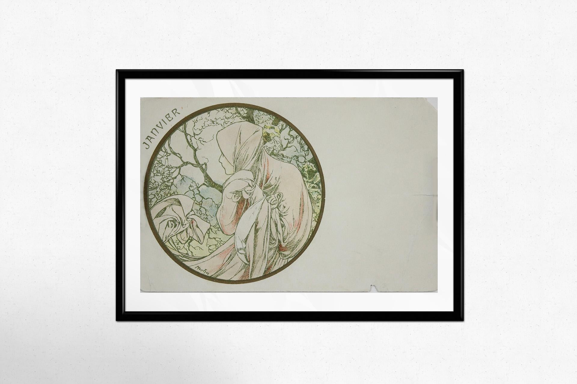 Art Nouveau postcard, created around 1900 by Alphonse Mucha - January For Sale 3