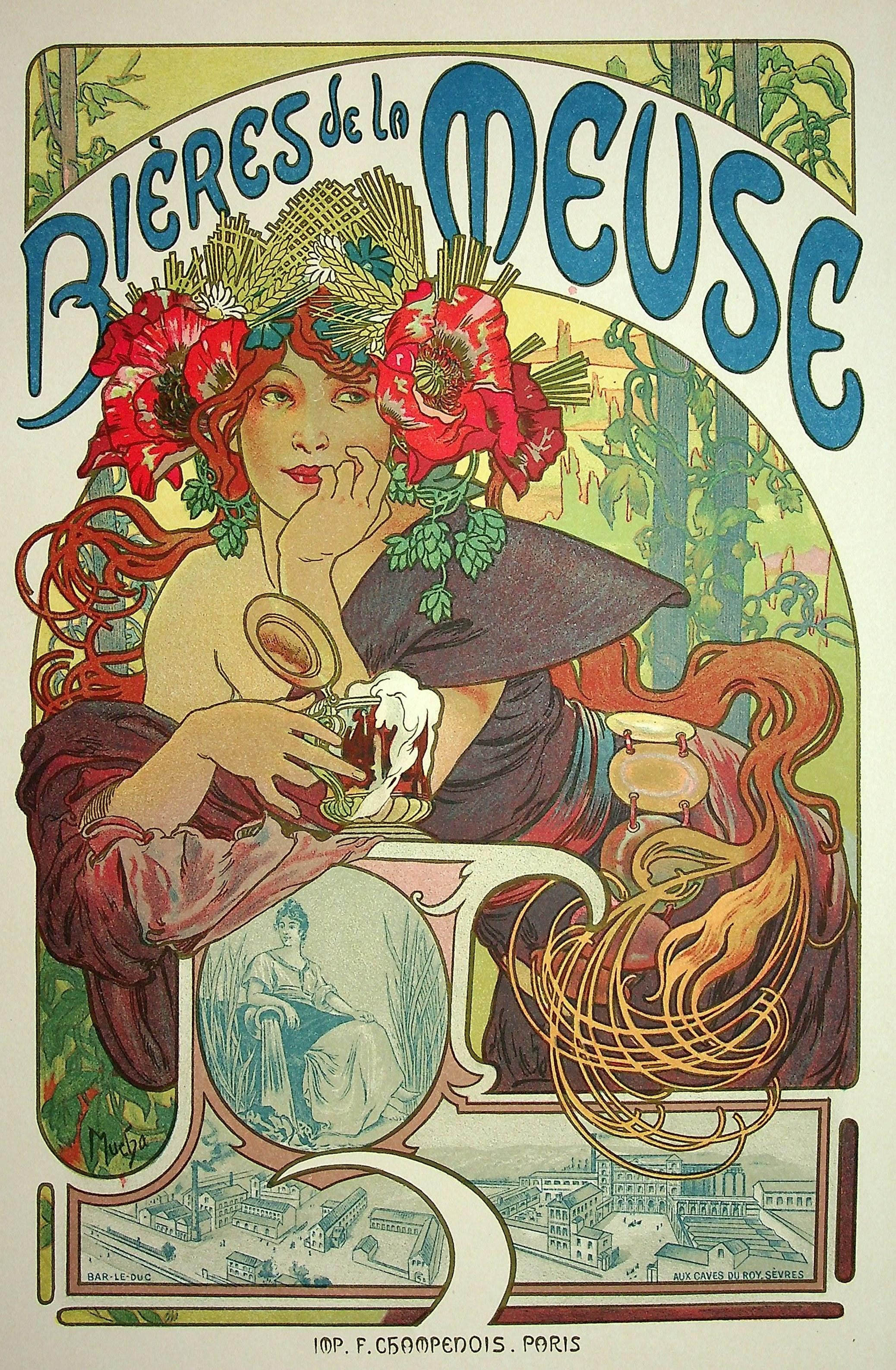 Belle-Epoque Frau mit einem Bier - Lithographie (aus 