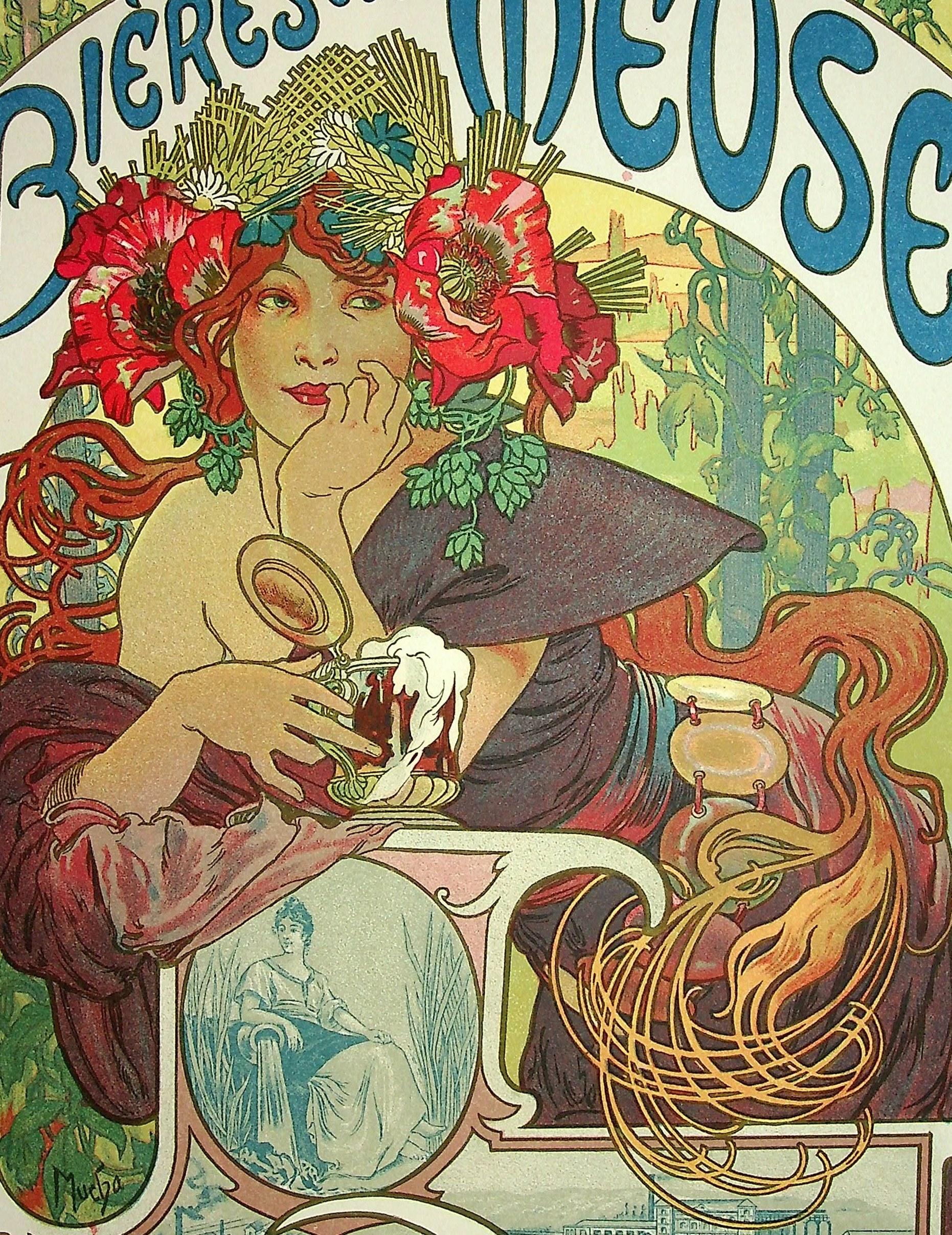 Alphonse MUCHA (1860-1939)
Belle-Epoque-Frau mit einem Bier, 1899

Original-Lithographie
Gedruckte Unterschrift auf der Platte
Veröffentlicht in 