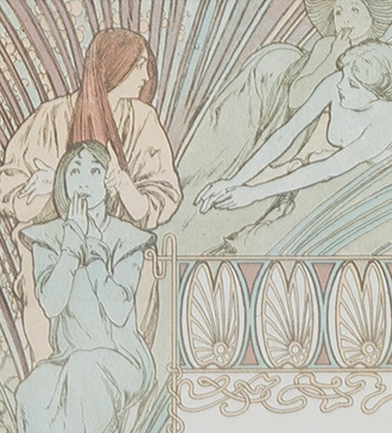 Farblithographie des späten 19. Jahrhunderts, Art nouveau-Stil, verzierte Buchplattenfiguren mit Blumenmuster – Print von Alphonse Mucha