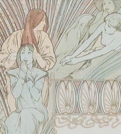 Late 19th century color lithograph art nouveau ornate bookplate figures floral