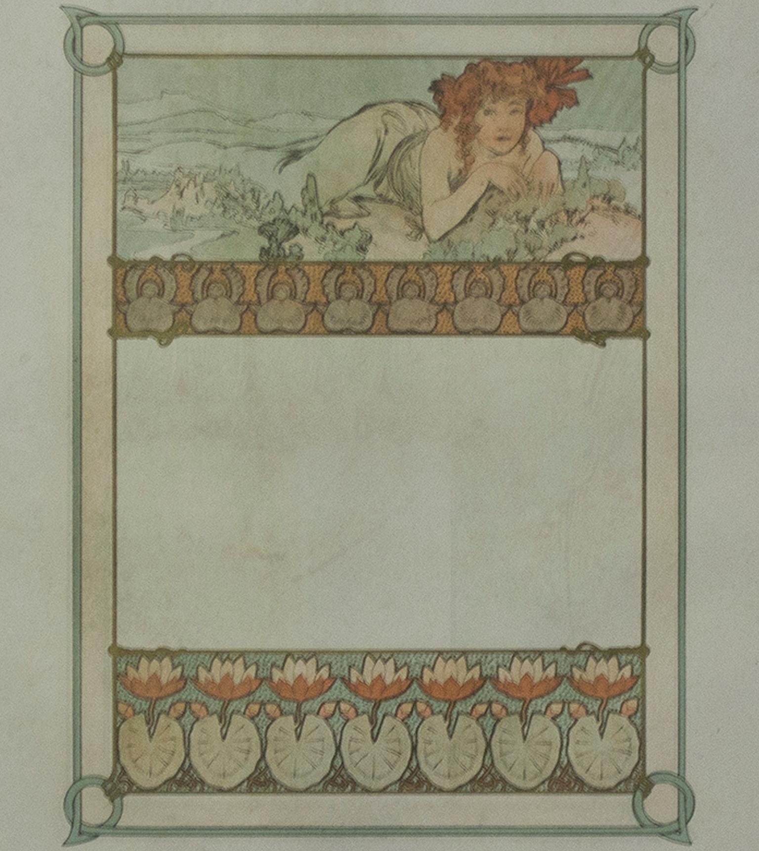 Farblithographie des späten 19. Jahrhunderts, Art nouveau-Stil, verzierte Buchplattenfiguren mit Blumenmuster (Grau), Abstract Print, von Alphonse Mucha