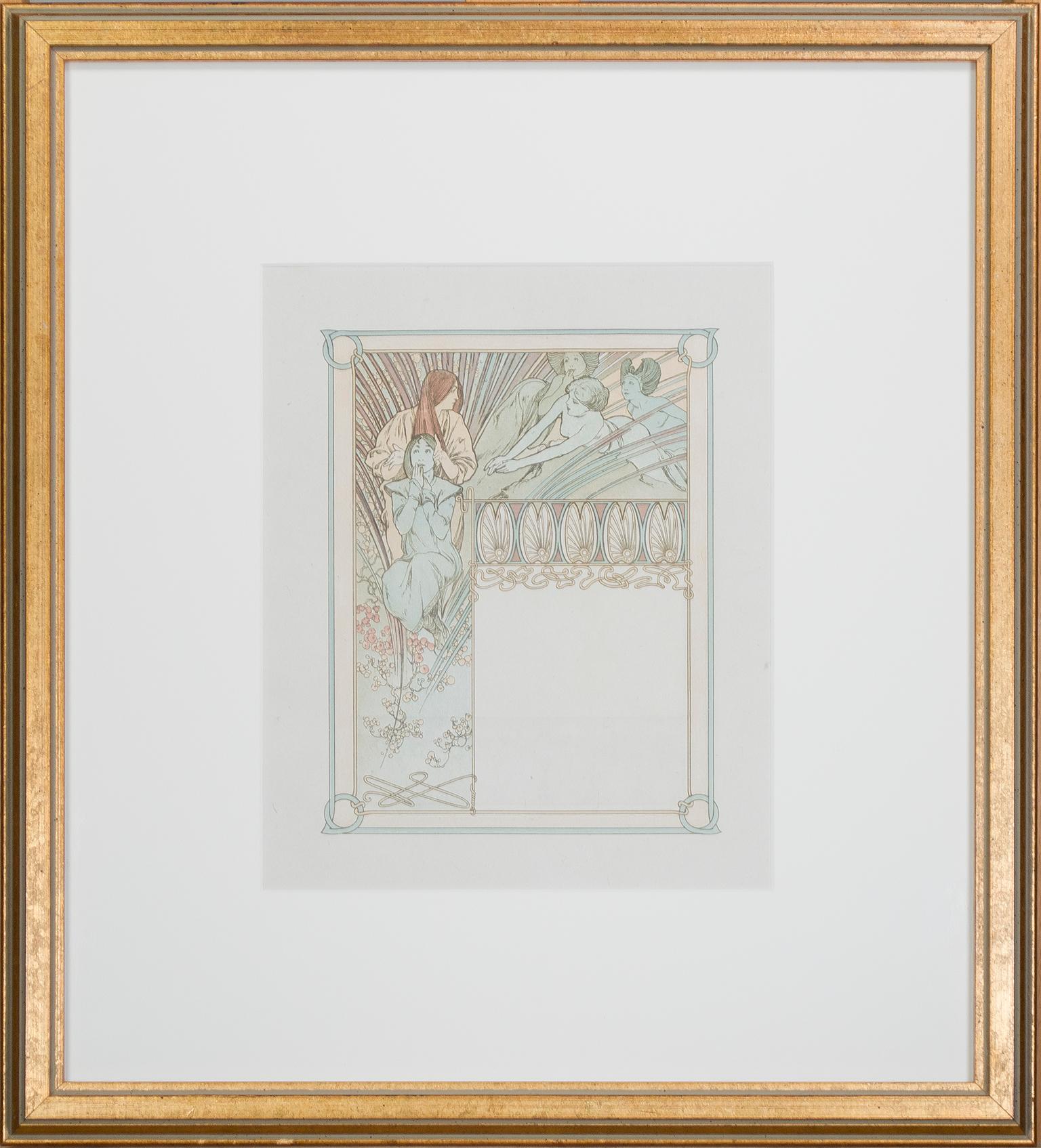 Farblithographie des späten 19. Jahrhunderts, Art nouveau-Stil, verzierte Buchplattenfiguren mit Blumenmuster im Angebot 1