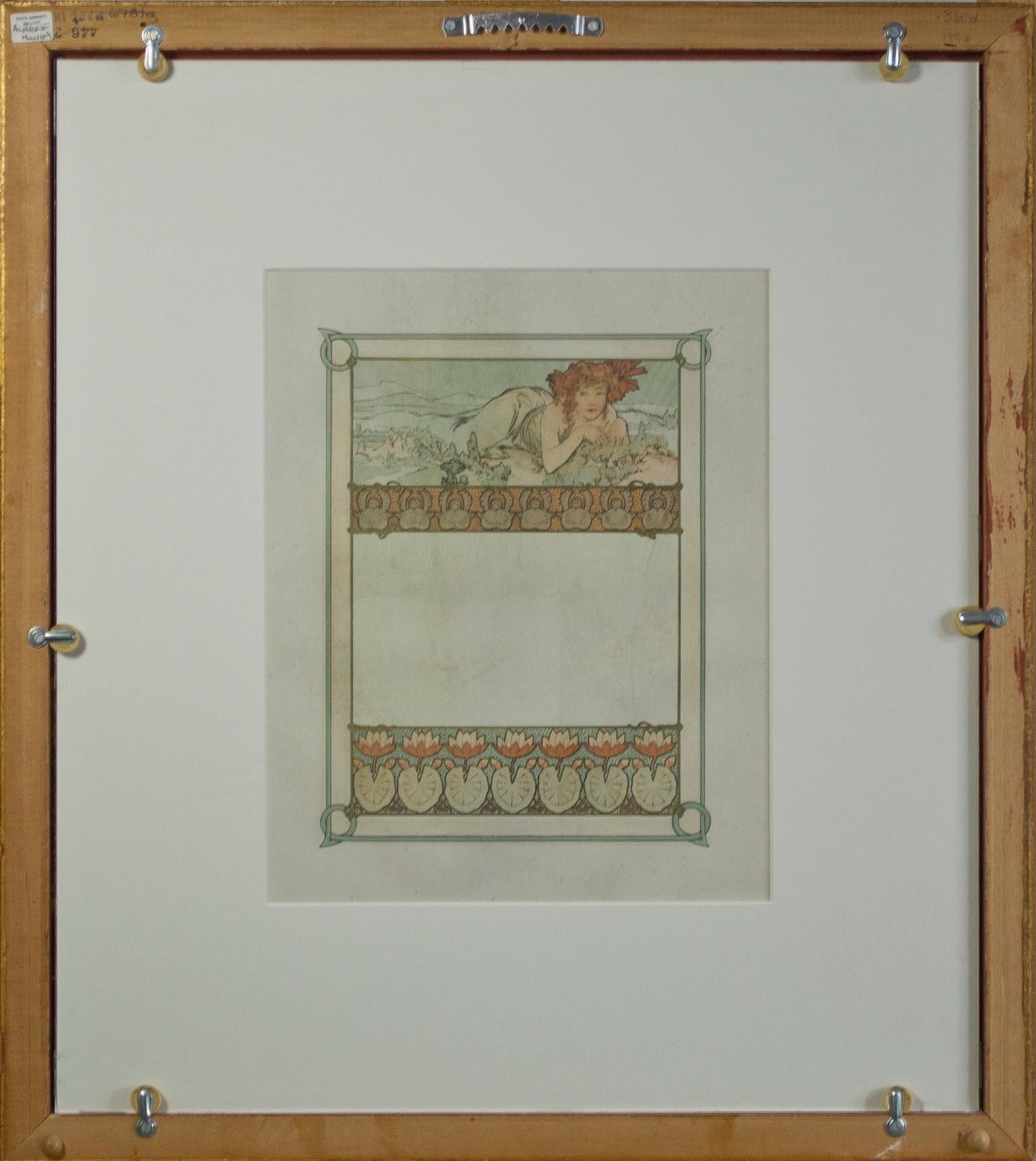 Farblithographie des späten 19. Jahrhunderts, Art nouveau-Stil, verzierte Buchplattenfiguren mit Blumenmuster im Angebot 2