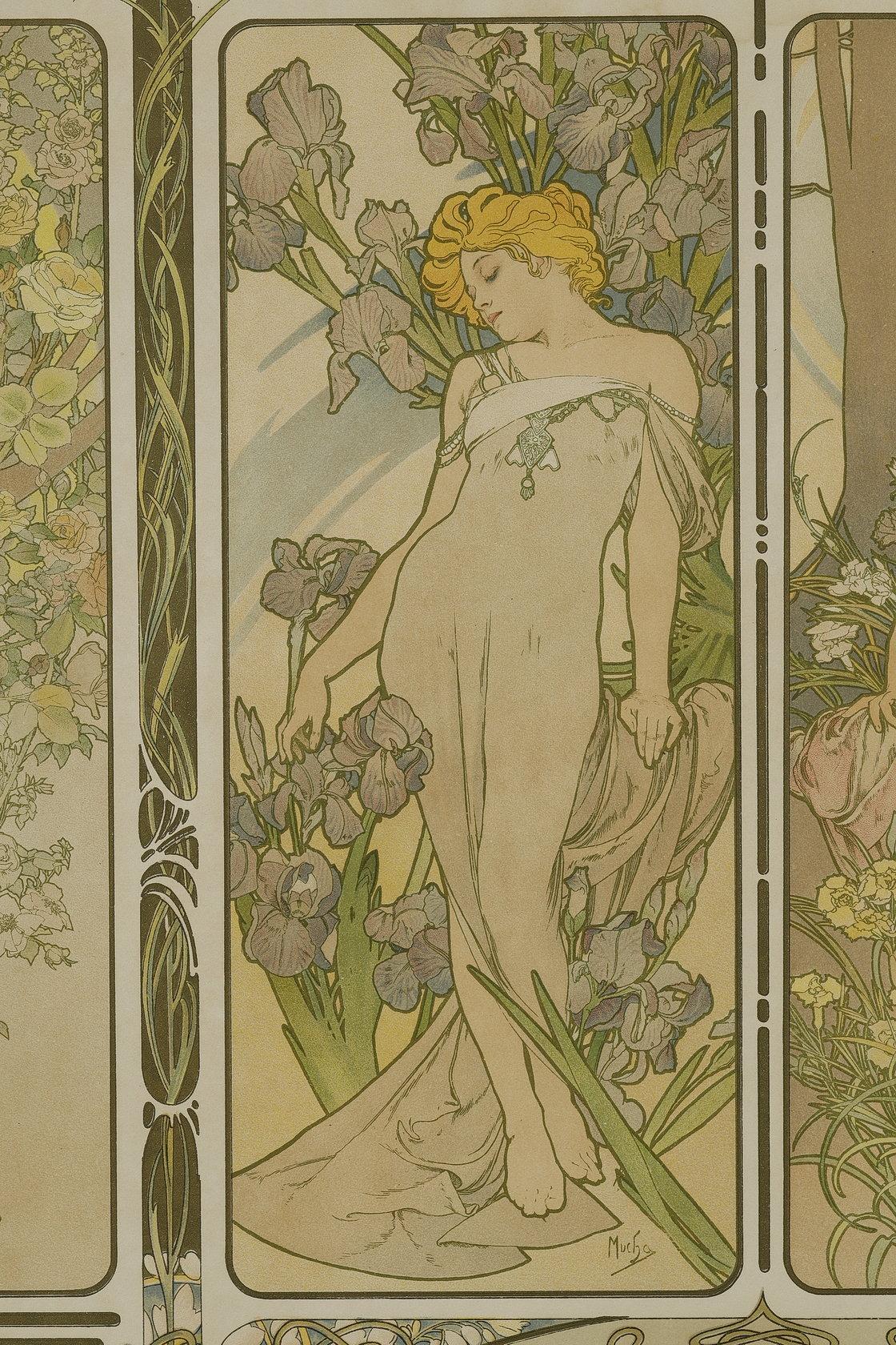 Flowers - Brown Figurative Print by Alphonse Mucha